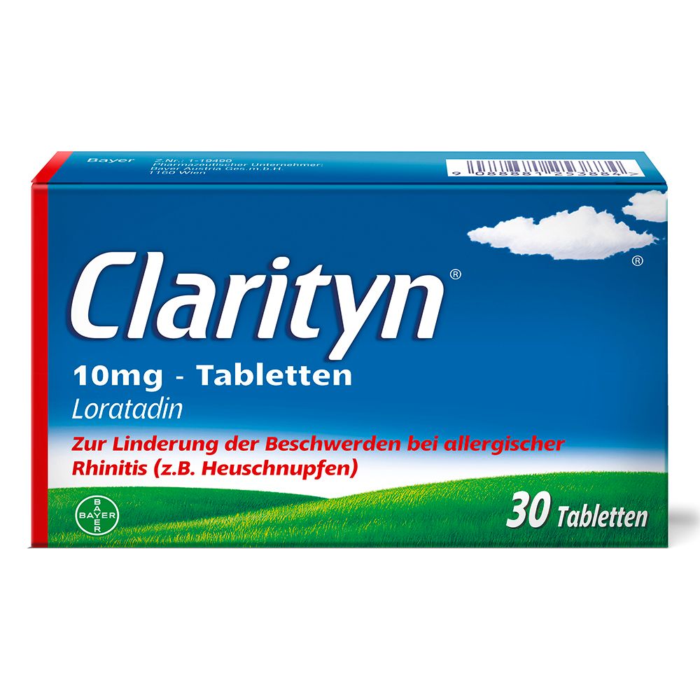 Blisterpackung mit CLARITYN® Tabletten. Blaue Schachtel mit weißer Schrift. 30 Tabletten. Bayer Logo.