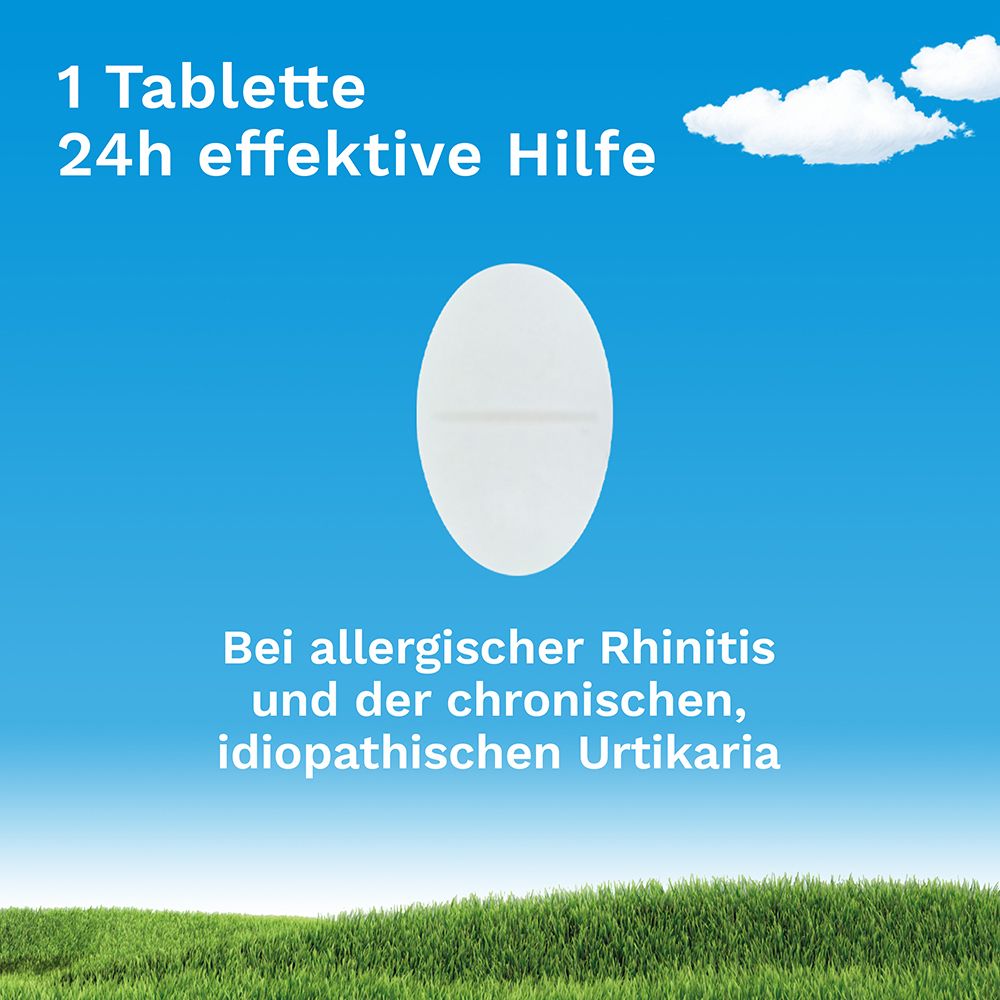 Weiße Tablette. Text: 1 Tablette 24h effektive Hilfe. Bei allergischer Rhinitis und Urtikaria.
