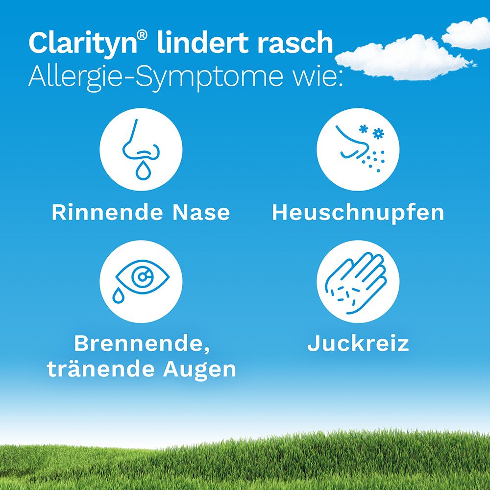 Grafik mit Symbolen für Allergiesymptome: laufende Nase, Heuschnupfen, Augen, Juckreiz. Text.