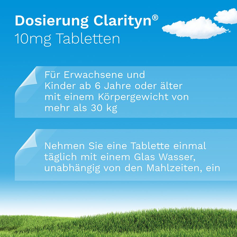 Text: Dosierung Claritn 10mg Tabletten. Für Erwachsene und Kinder ab 6 Jahren. Einnahme.