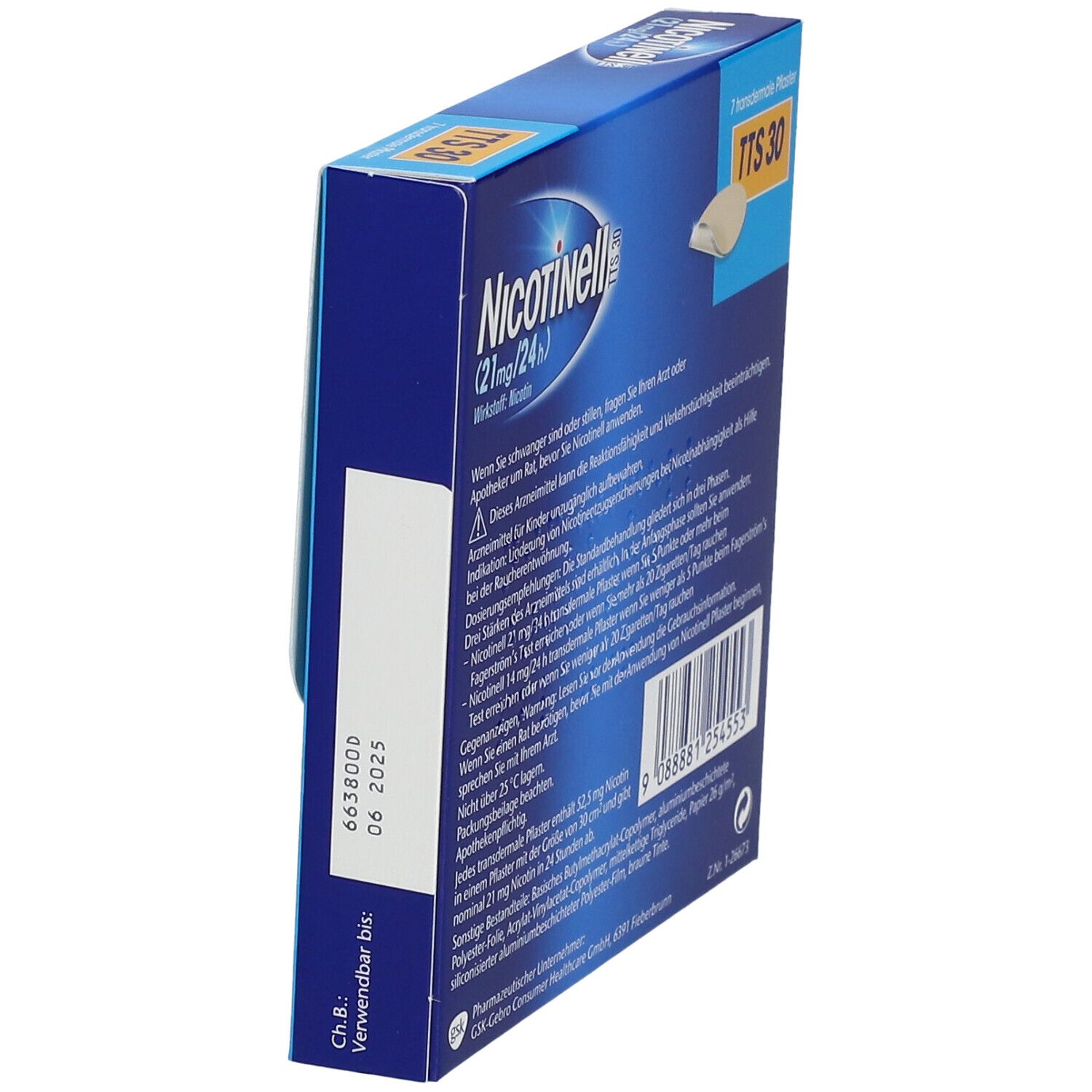 Seitenansicht der "Nicotinell"-Verpackung. "21mg/24h", "TTS 30". Haltbarkeitsdatum: 06 2025.