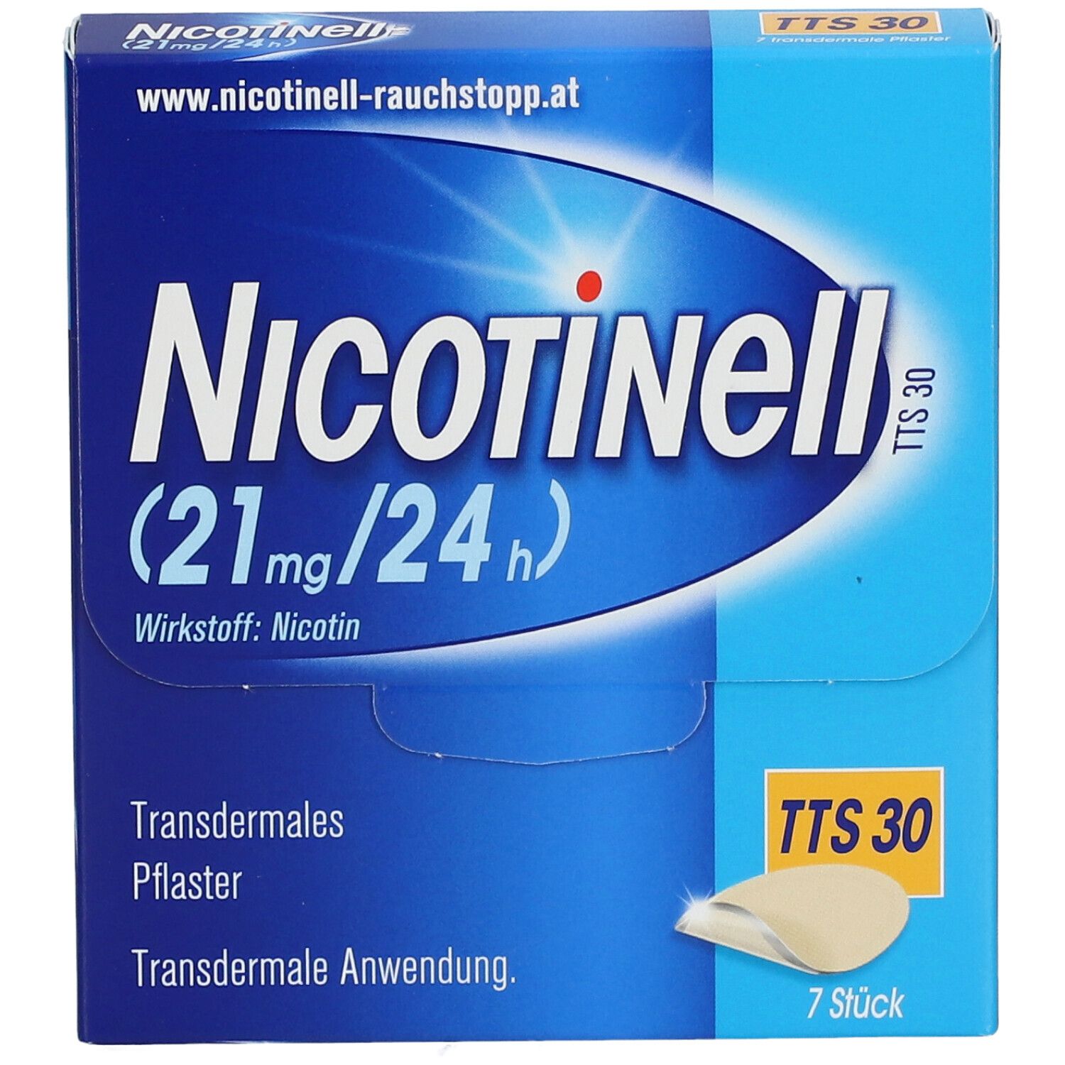 Blau-weiße Schachtel "Nicotinell" mit "21mg/24h", "TTS 30" und 7 Pflastern. Transdermales Pflaster.