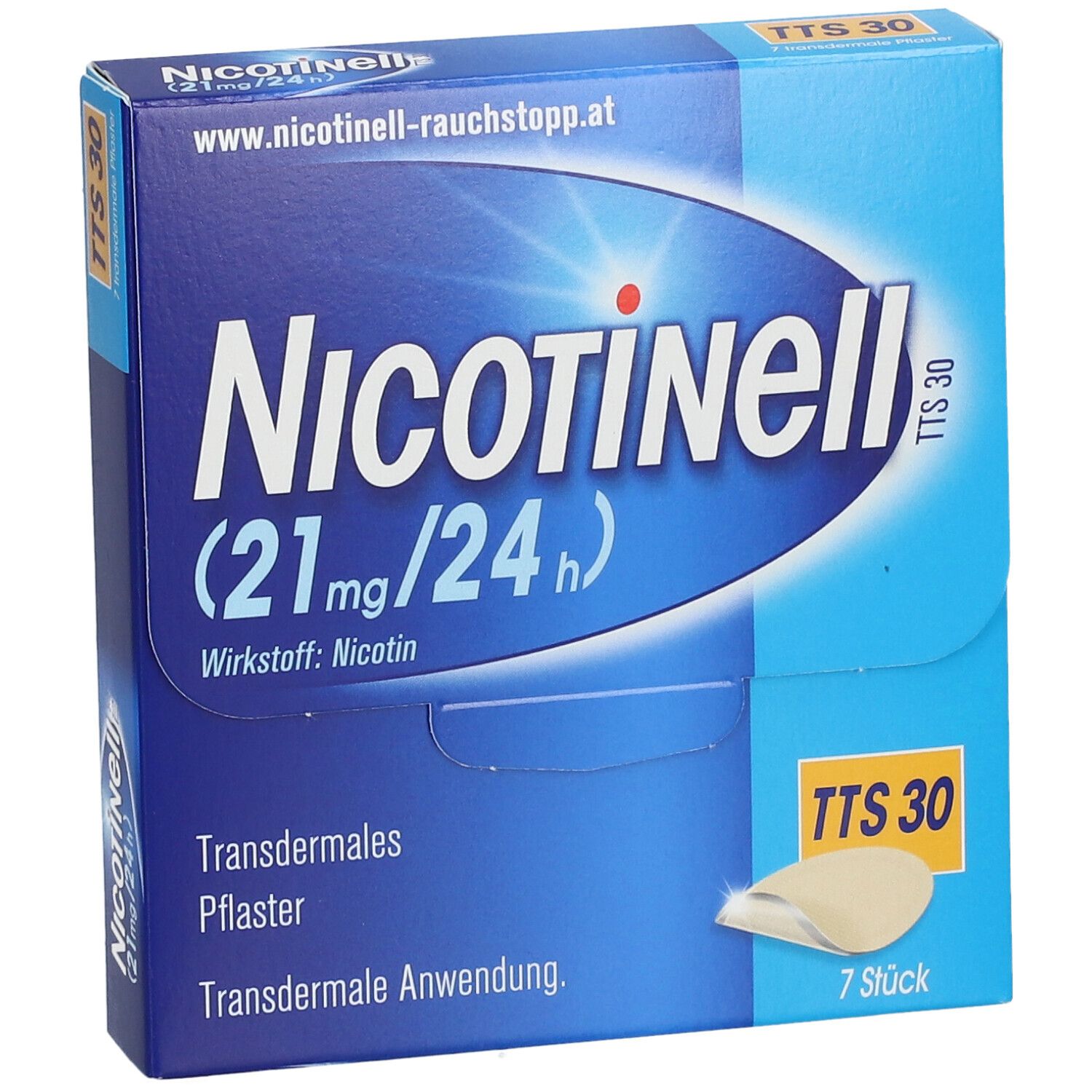 Blau-weiße Schachtel "Nicotinell" mit "21mg/24h", "TTS 30" und 7 Pflastern. Transdermales Pflaster.