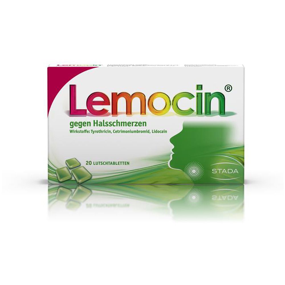 Schachtel Lemocin® gegen Halsschmerzen. 20 Lutschtabletten. Grün-weiß. STADA-Logo.