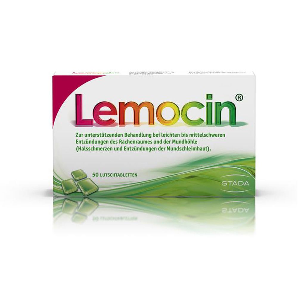 Schachtel Lemocin® gegen Halsschmerzen. 50 Lutschtabletten. Grün-weiß. STADA-Logo.