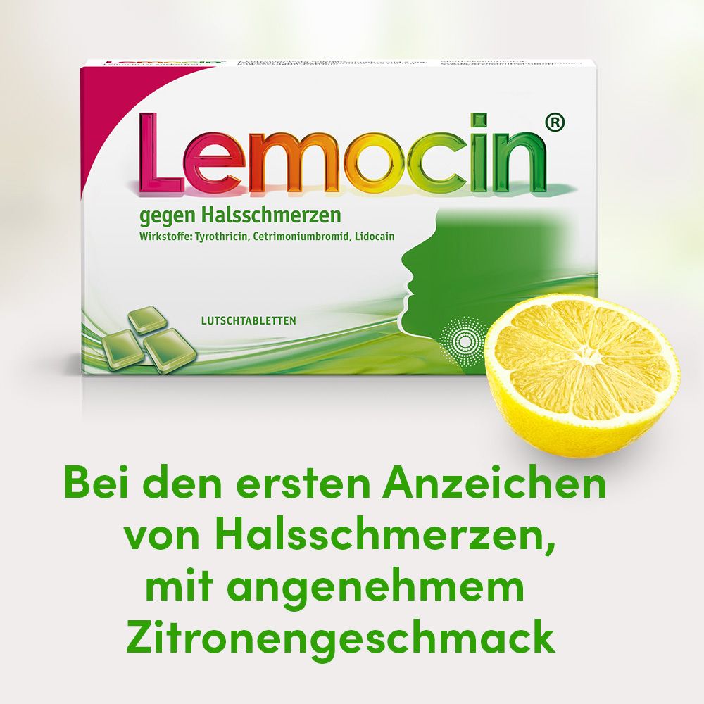 Schachtel Lemocin® gegen Halsschmerzen, Zitrone. Zitrone und Lutschtabletten. Grün-weiß.