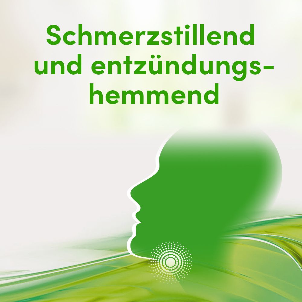 Text: Schmerzstillend und entzündungshemmend. Grüne Silhouette eines Halses.