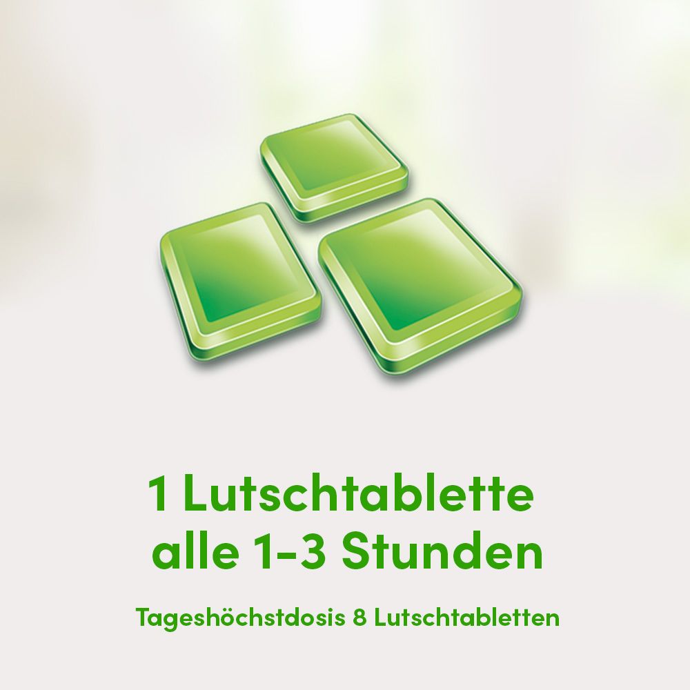 Text: 1 Lutschtablette alle 1-3 Stunden. Tageshöchstdosis 8 Lutschtabletten. Grüne Tabletten.