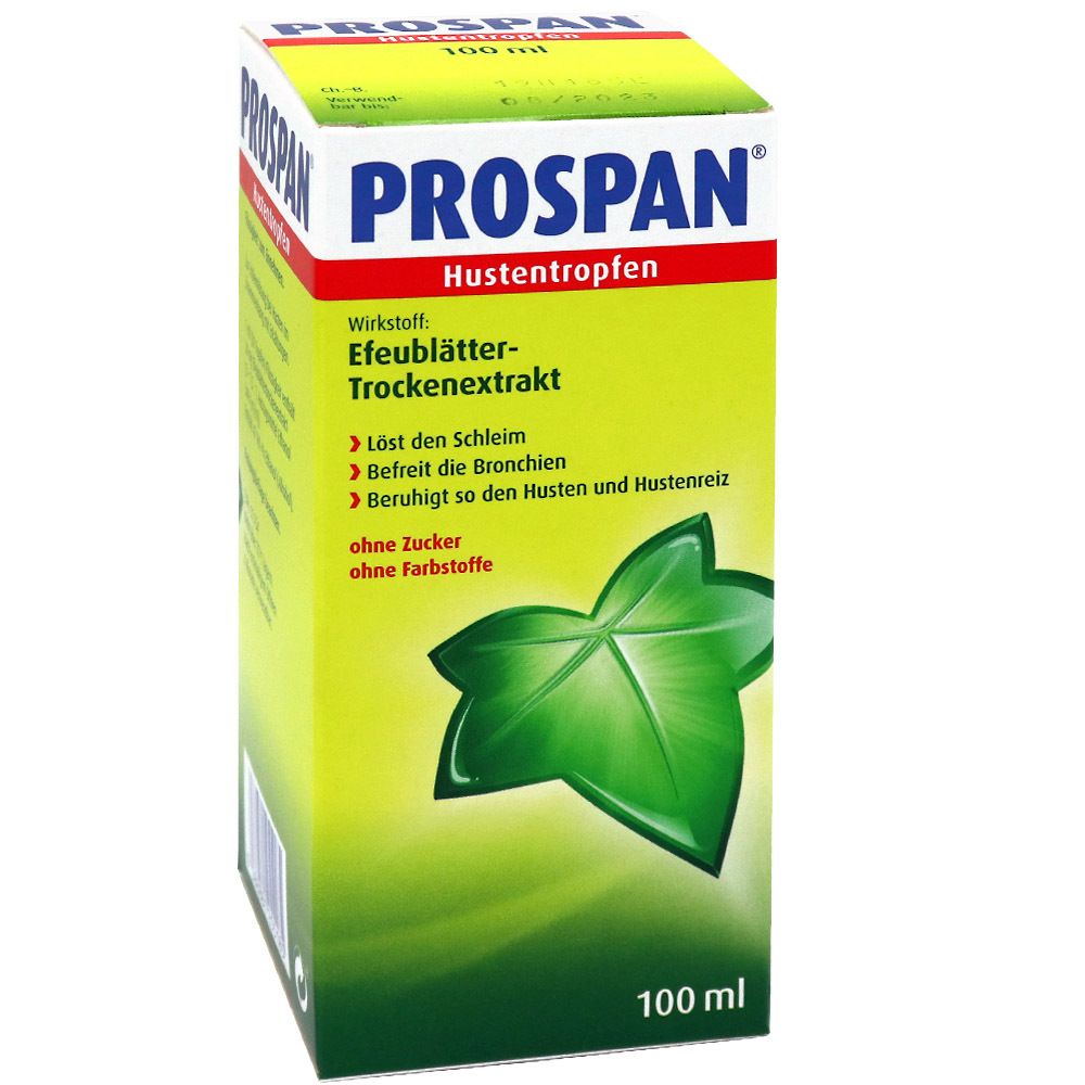 PROSPAN® Hustentropfen, Schachtel. Grüne Schachtel mit Produktinformationen und dem Produktnamen.