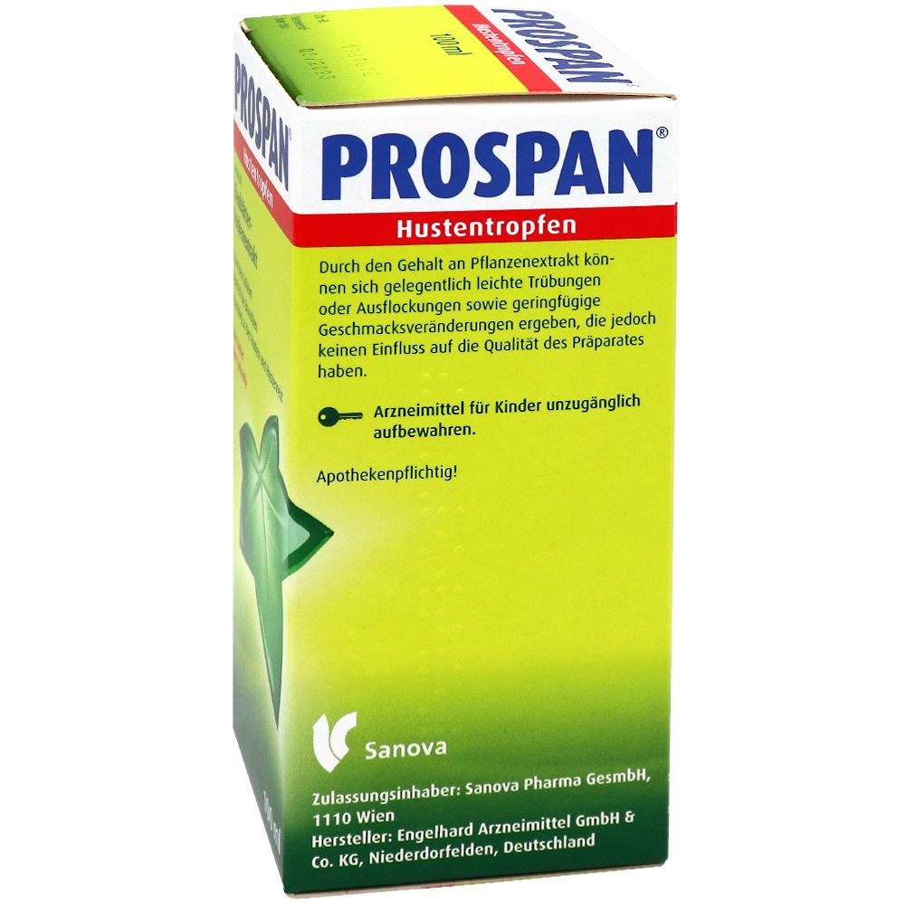 PROSPAN® Hustentropfen, Schachtel. Rückseite der Schachtel mit Text und Logo.