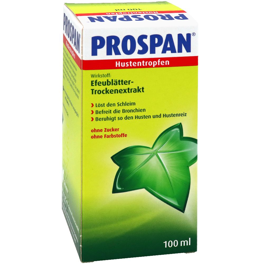 PROSPAN® Hustentropfen, Schachtel. Grüne Schachtel mit Produktinformationen und dem Produktnamen.