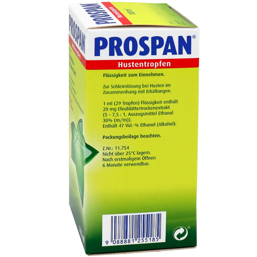 PROSPAN® Hustentropfen, Schachtel. Rückseite der Schachtel mit Text und Logo.