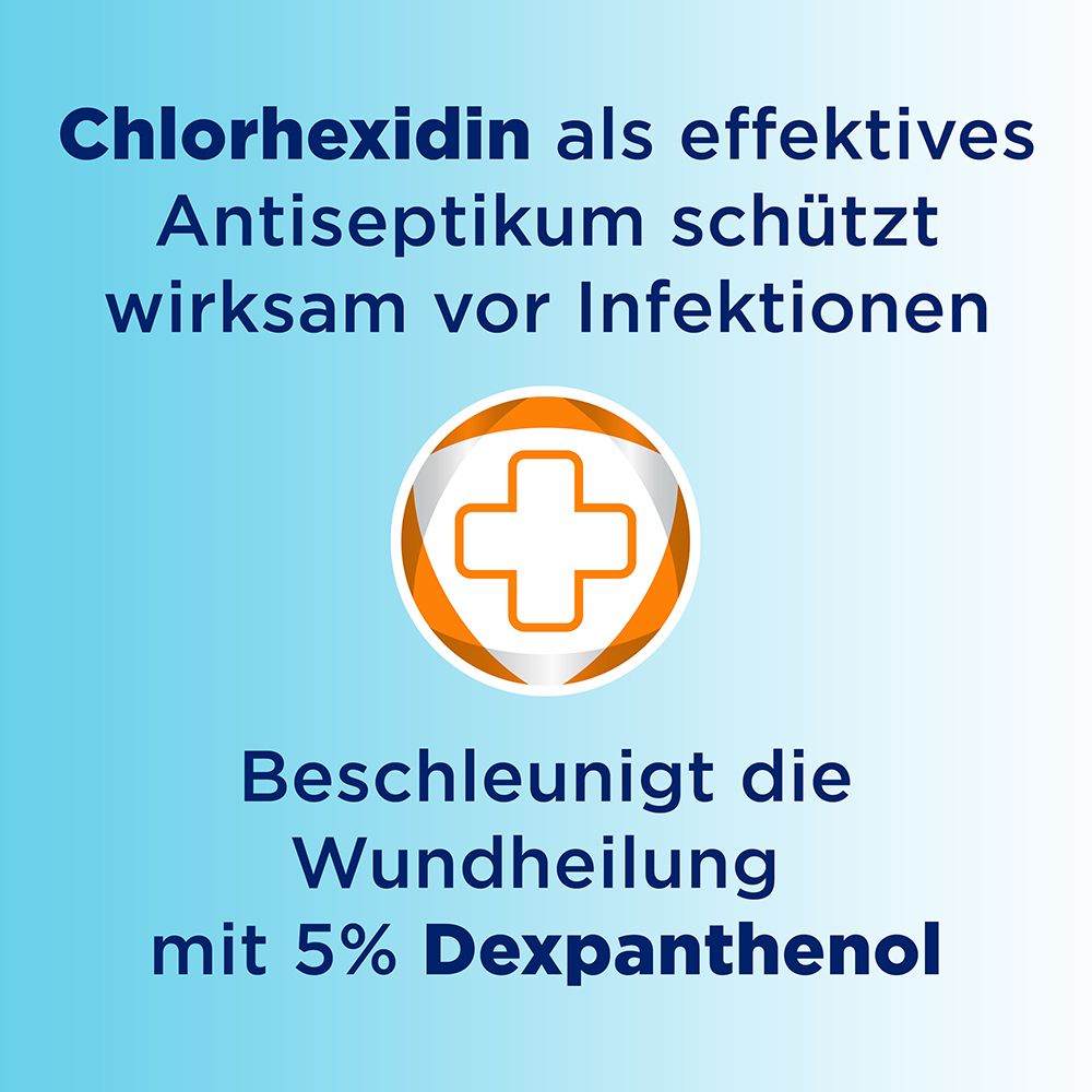 Text: Chlorhexidin als effektives Antiseptikum schützt wirksam vor Infektionen. Beschleunigt die Wundheilung.