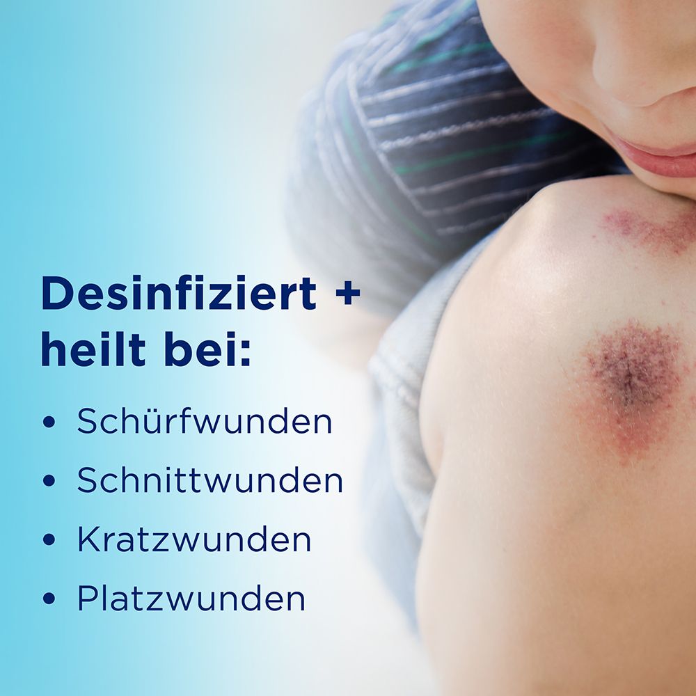 Text: Desinfiziert + heilt bei: Schürfwunden, Schnittwunden, Kratzwunden, Platzwunden.