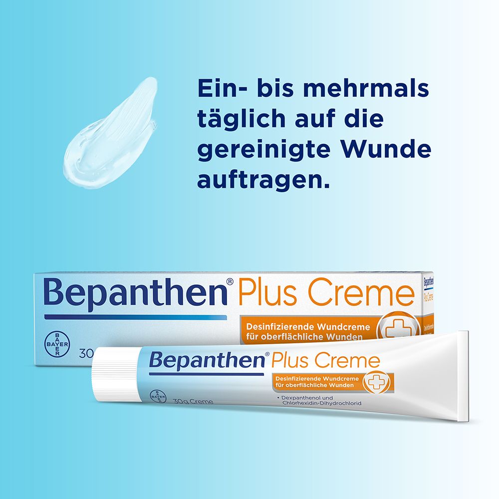 Creme wird auf Wunde aufgetragen. Text: Ein- bis mehrmals täglich auf die gereinigte Wunde auftragen.
