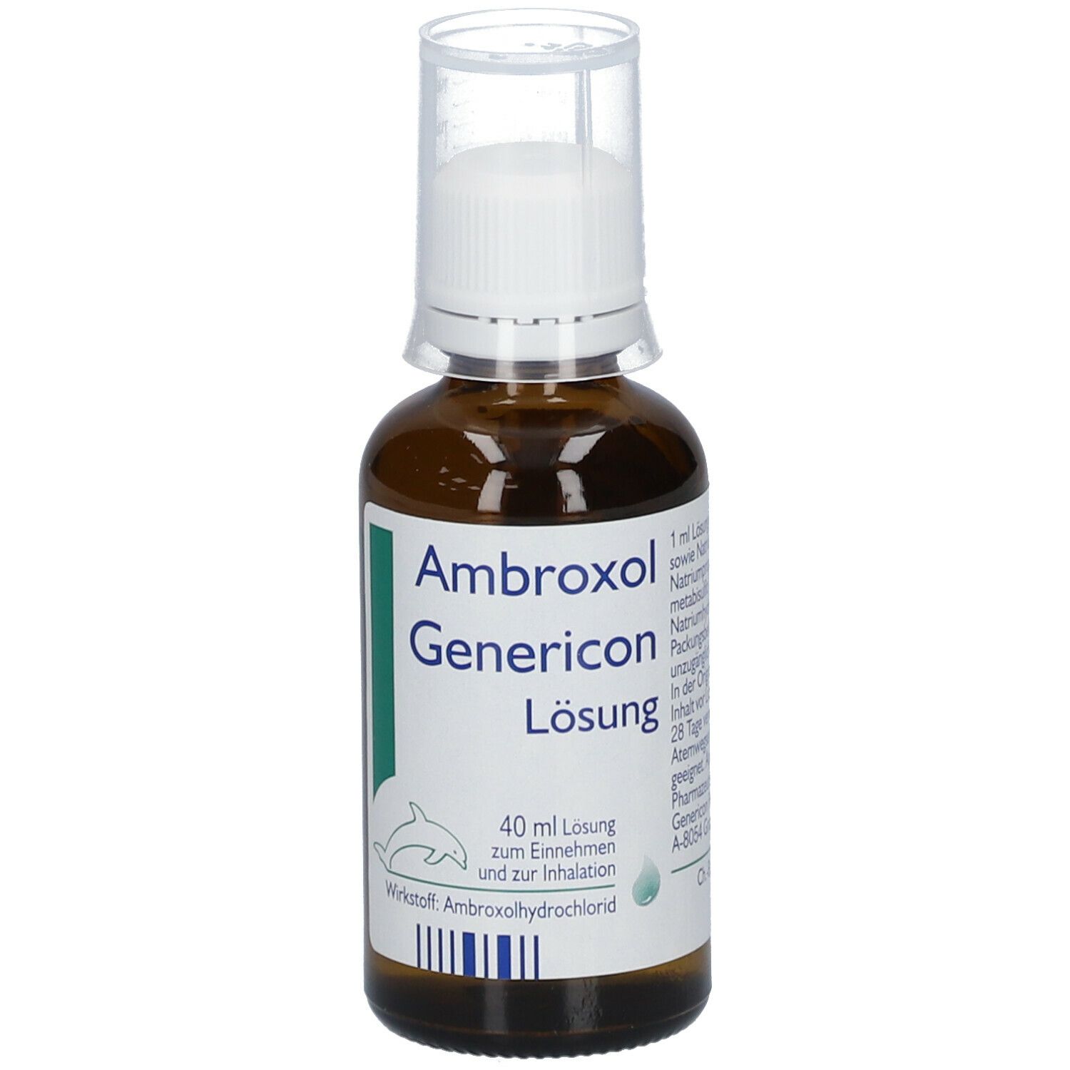 Braune Glasflasche mit weißem Verschluss und Dosierkappe. Beschriftung: Ambroxol Genericon Lösung. Grüne und blaue Akzente.