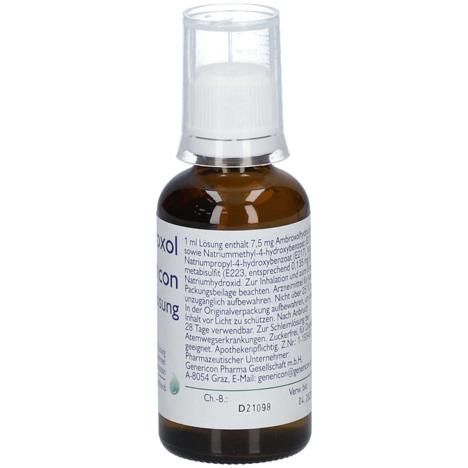 Braune Glasflasche mit weißem Verschluss und Dosierkappe. Beschriftung: Ambroxol Genericon Lösung. Grüne und blaue Akzente.