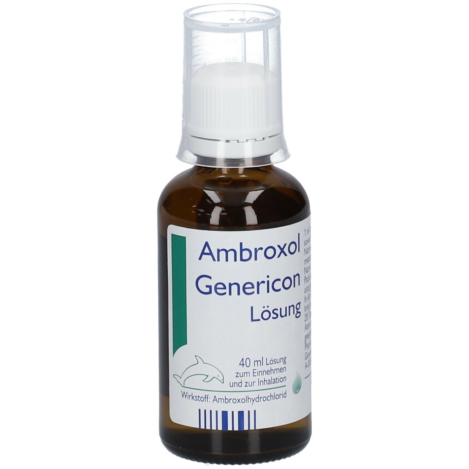 Braune Glasflasche mit weißem Verschluss und Dosierkappe. Beschriftung: Ambroxol Genericon Lösung. Grüne und blaue Akzente.