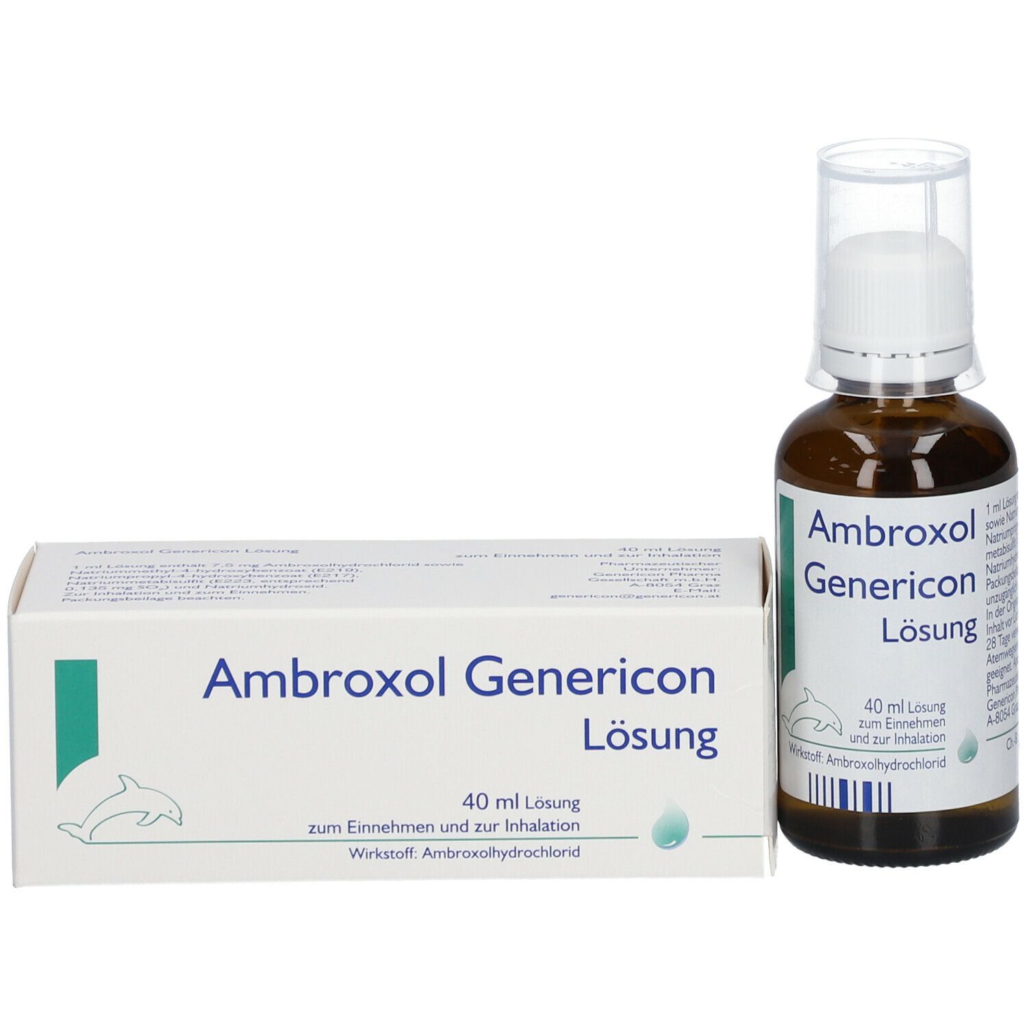 Braune Glasflasche und Karton. Beschriftung: Ambroxol Genericon Lösung. Karton mit grünen Akzenten und Logo. Flasche mit Dosierkappe.