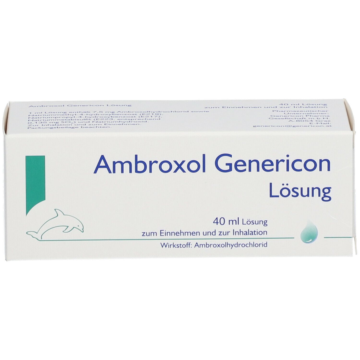 Karton mit Beschriftung: Ambroxol Genericon Lösung. Grüne Akzente und Logo. Enthält 40 ml Lösung. Wirkstoff: Ambroxolhydrochlorid.