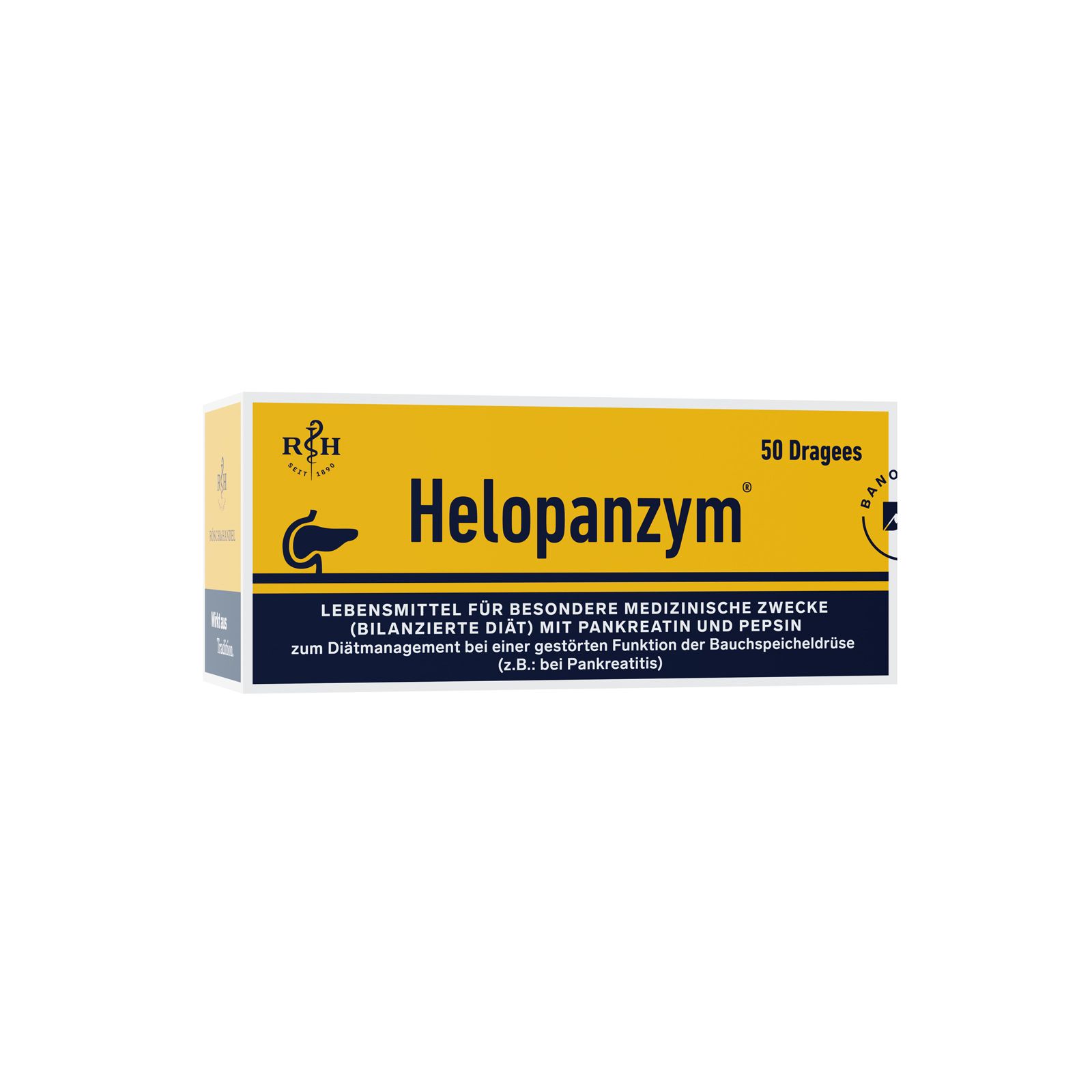 Gelbe Schachtel mit "Helopanzym"-Logo und Text. Enthält 50 Dragees. Aufschrift: "Lebensmittel für besondere medizinische Zwecke".