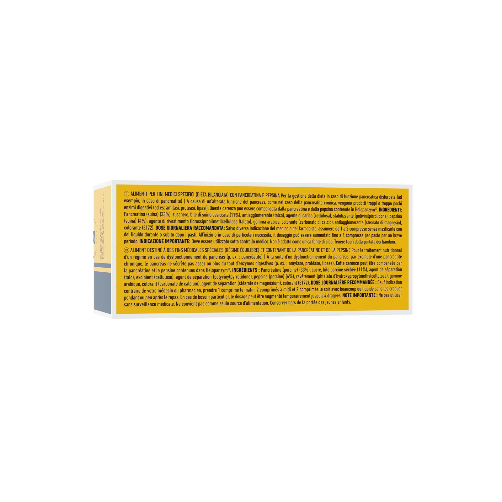 Rückseite der gelben "Helopanzym"-Schachtel. Text in italienischer Sprache. Enthält Informationen zu Inhaltsstoffen und Dosierung.