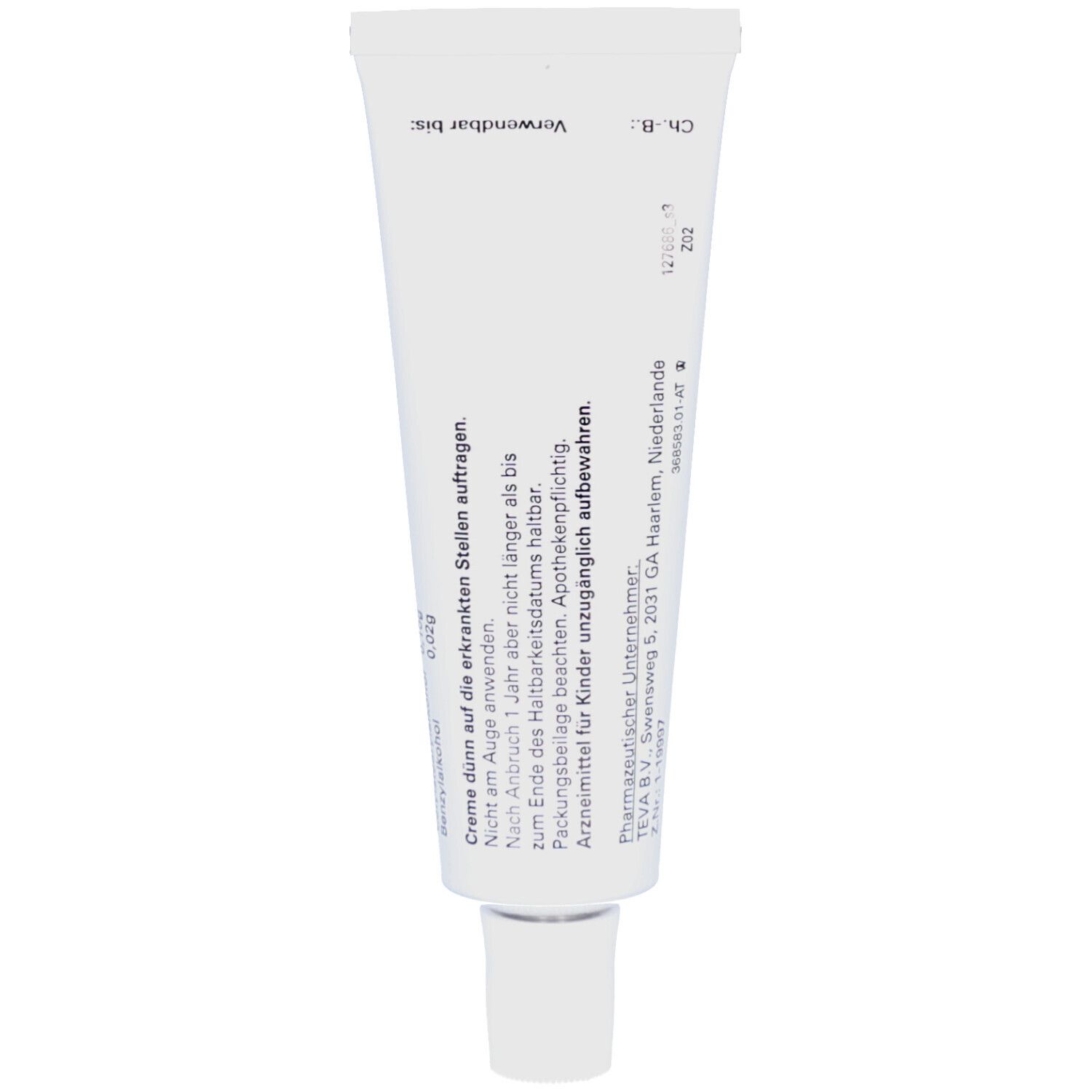 Rückseite der Creme-Tube. Enthält Informationen zur Anwendung und Haltbarkeit.