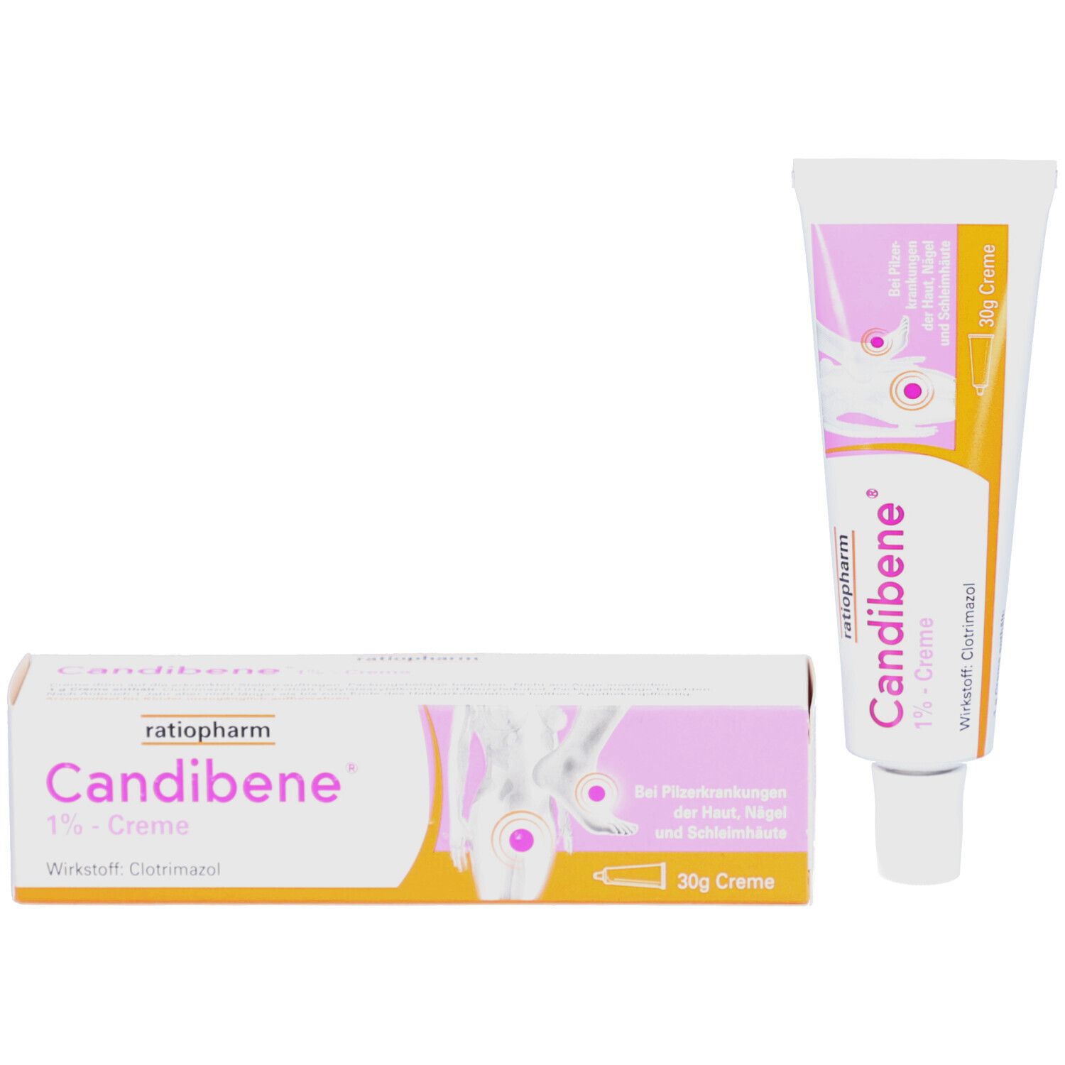Produktverpackung und Tube. Aufschrift: Candibene 1% Creme. 30g Creme.