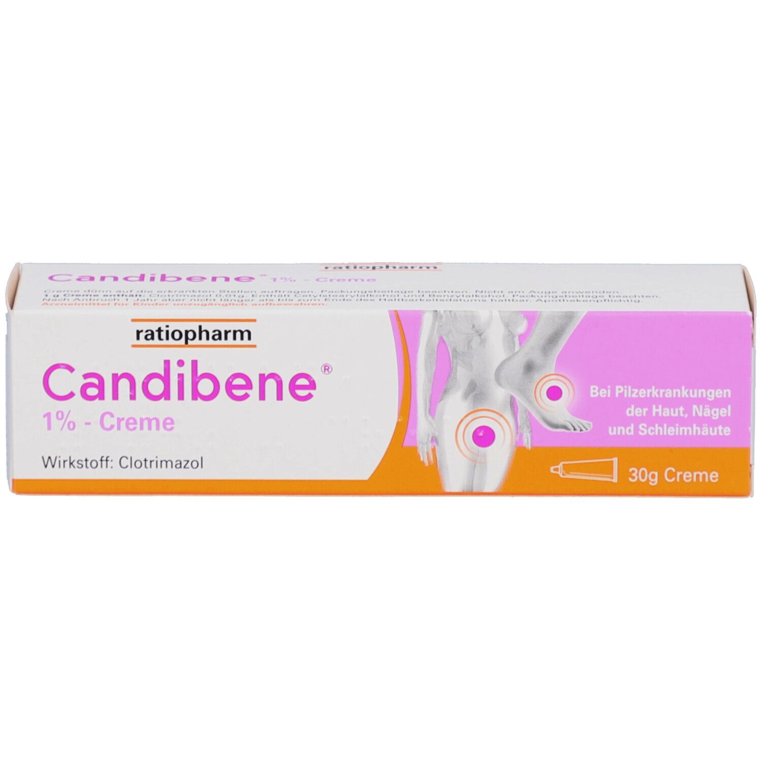 Produktverpackung. Aufschrift: Candibene 1% Creme. 30g Creme. Wirkstoff: Clotrimazol.