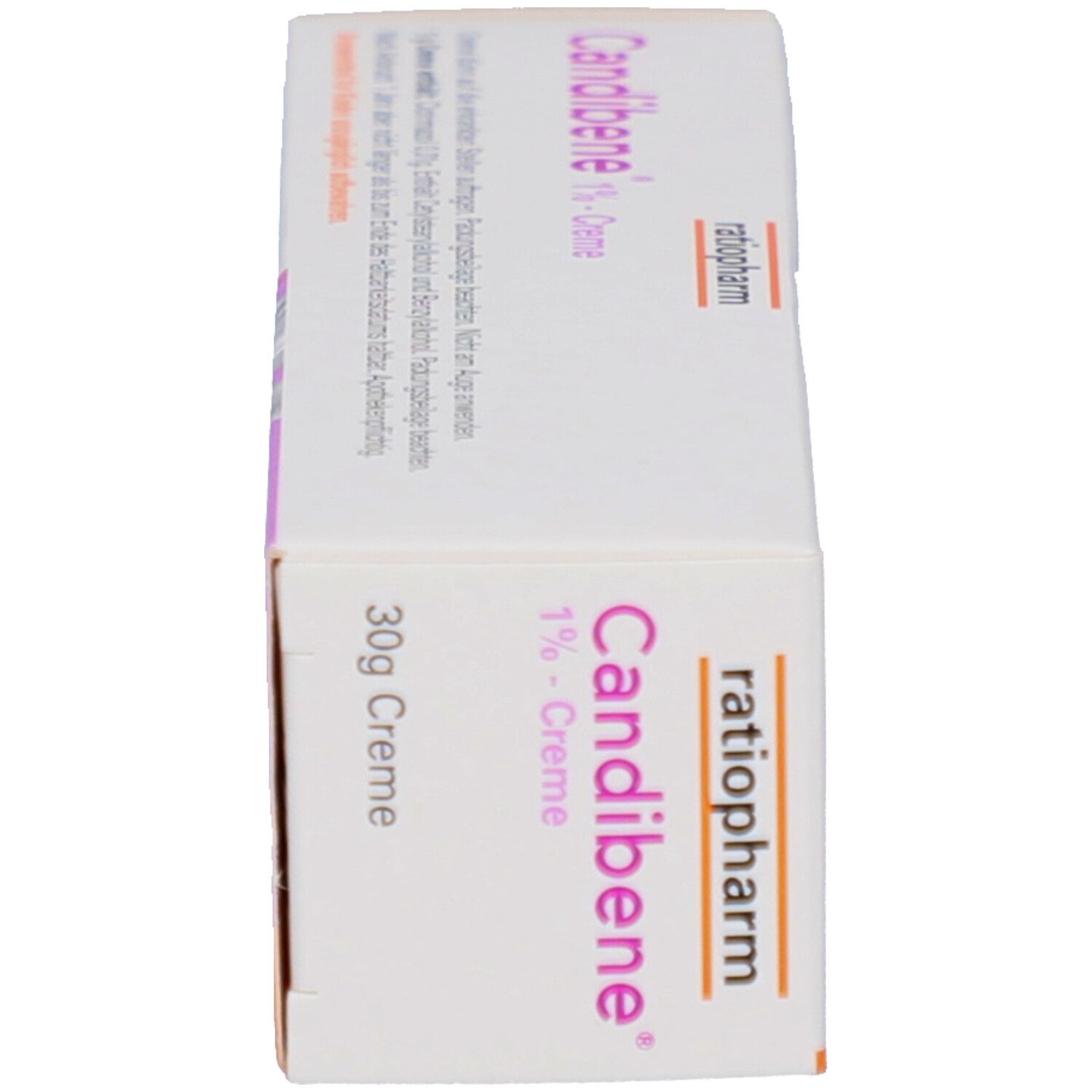 Seitenansicht der Produktverpackung. Aufschrift: Candibene 1% Creme. 30g Creme.