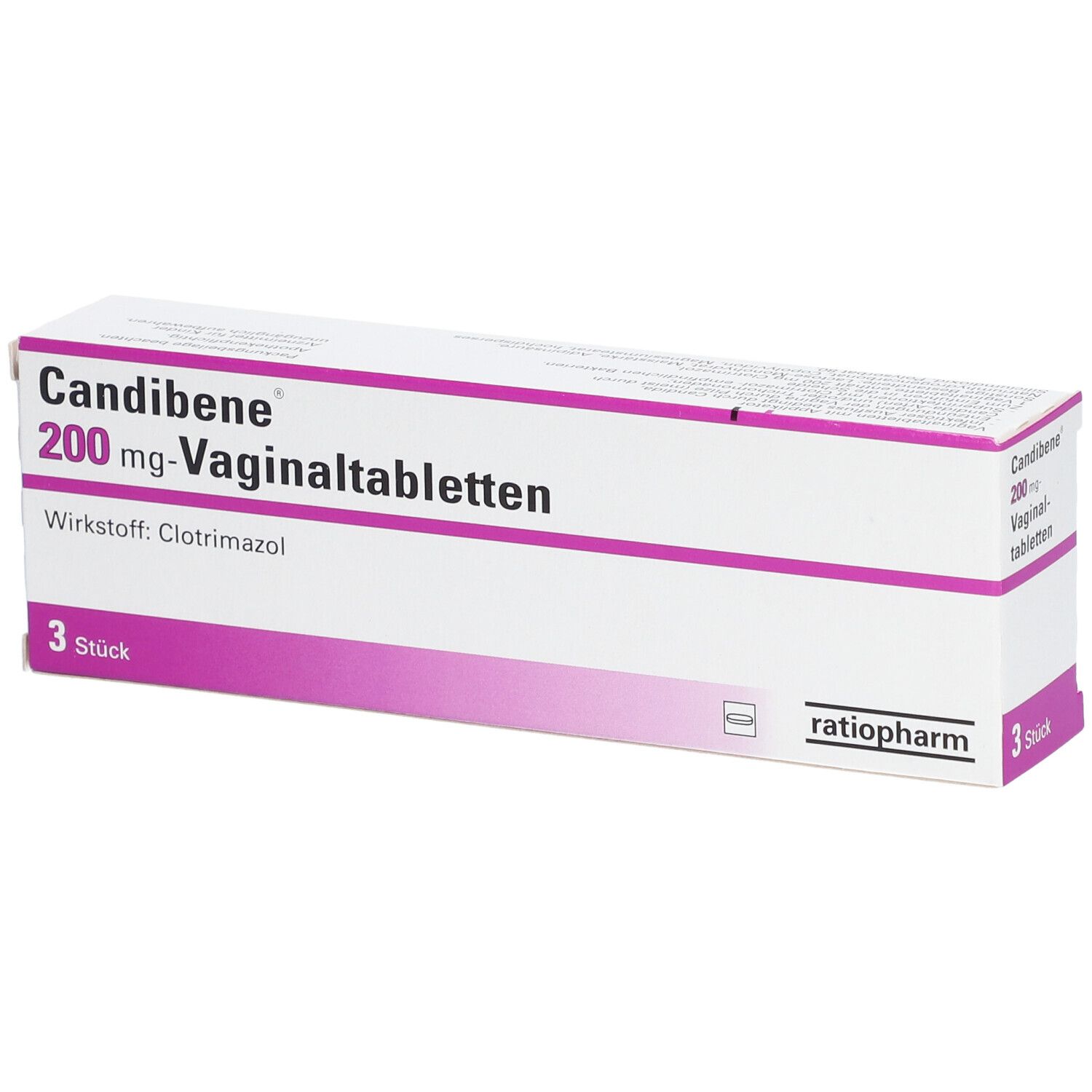 Packung Candibene 200 mg Vaginaltabletten. Enthält 3 Stück. Wirkstoff: Clotrimazol. Marke: ratiopharm.