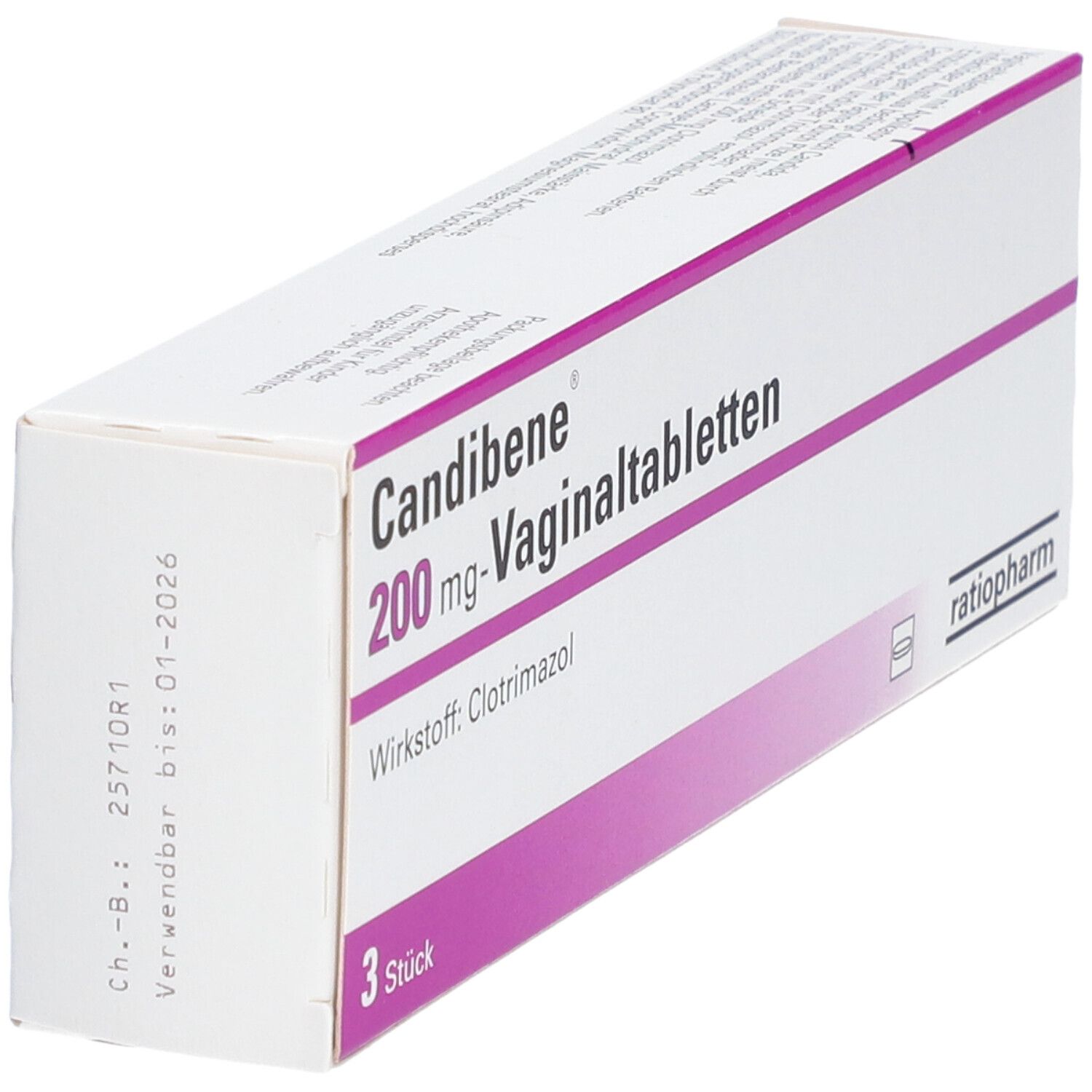 Packung Candibene 200 mg Vaginaltabletten. Enthält 3 Stück. Wirkstoff: Clotrimazol. Marke: ratiopharm. Verfallsdatum.