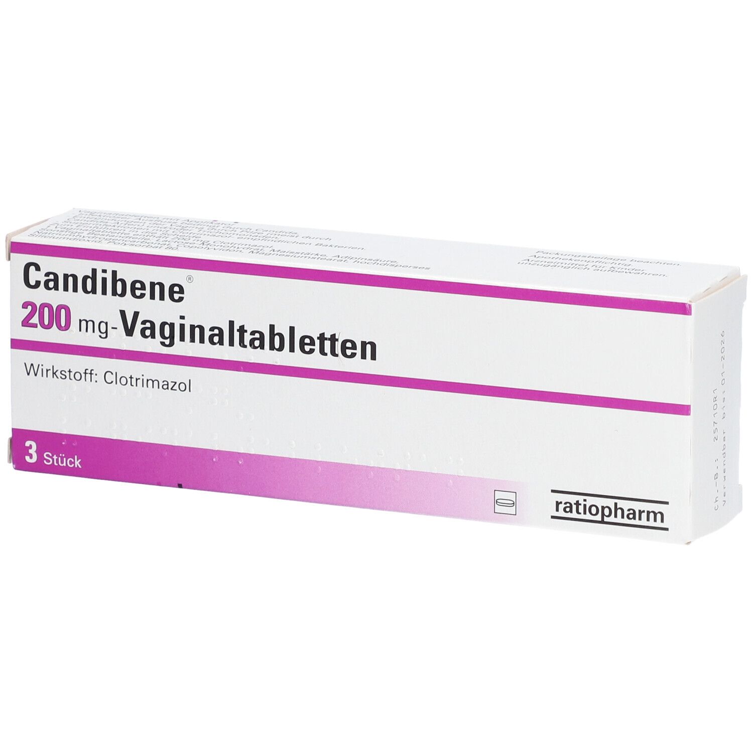 Packung Candibene 200 mg Vaginaltabletten. Enthält 3 Stück. Wirkstoff: Clotrimazol. Marke: ratiopharm.