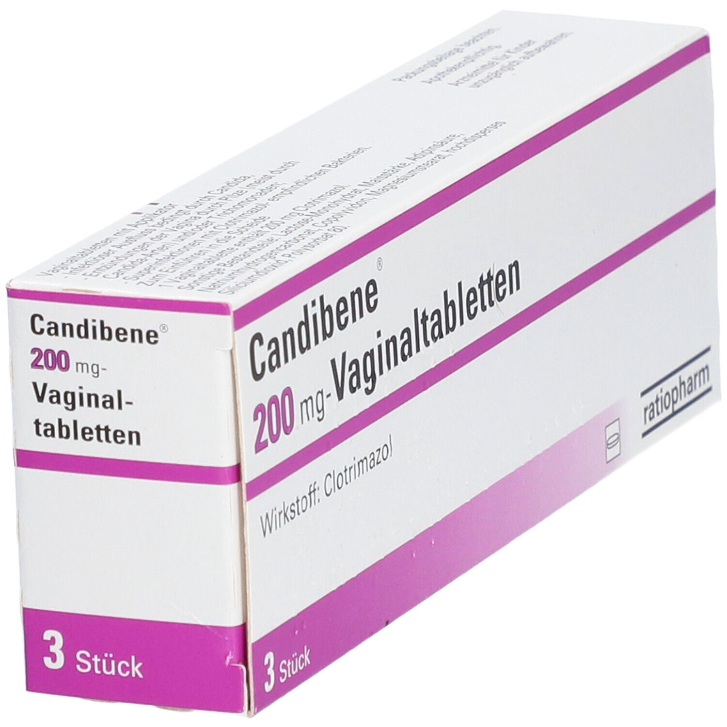 Packung Candibene 200 mg Vaginaltabletten. Enthält 3 Stück. Wirkstoff: Clotrimazol. Marke: ratiopharm.