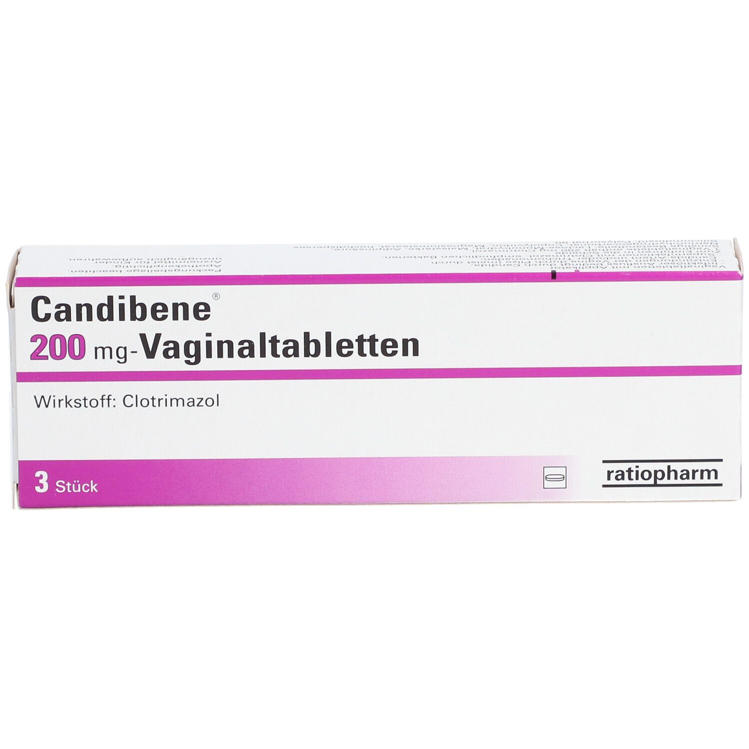 Packung Candibene 200 mg Vaginaltabletten. Enthält 3 Stück. Wirkstoff: Clotrimazol. Marke: ratiopharm.
