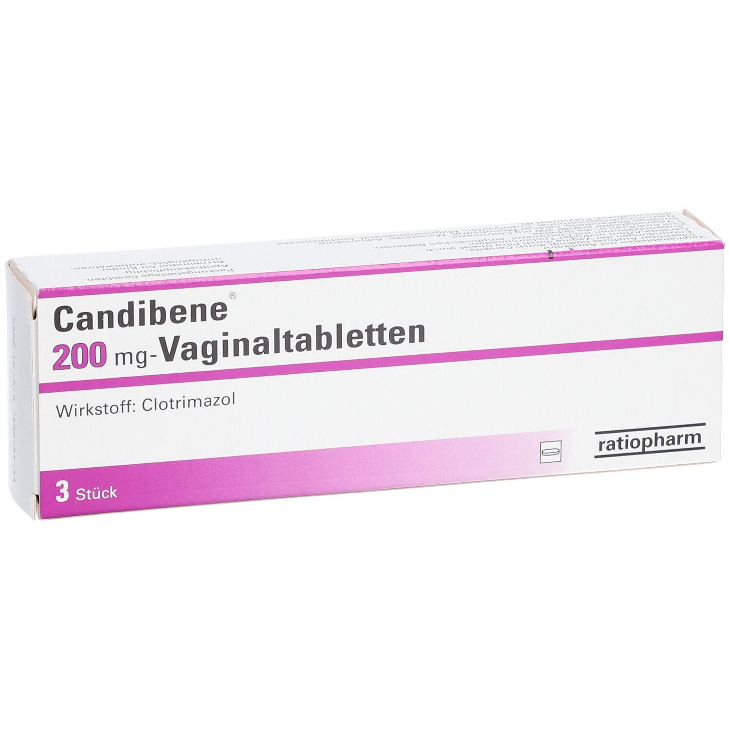 Packung Candibene 200 mg Vaginaltabletten. Enthält 3 Stück. Wirkstoff: Clotrimazol. Marke: ratiopharm.