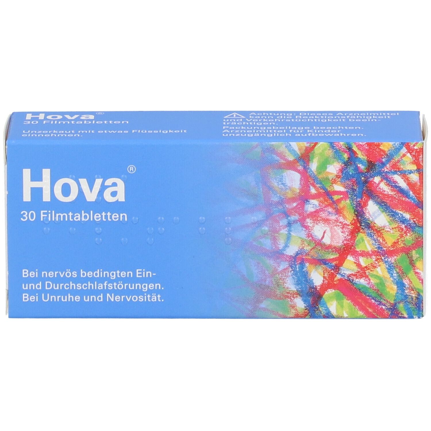 Blaue Schachtel mit "Hova" und "30 Filmtabletten". Bunte, abstrakte Muster. Text in Deutsch.