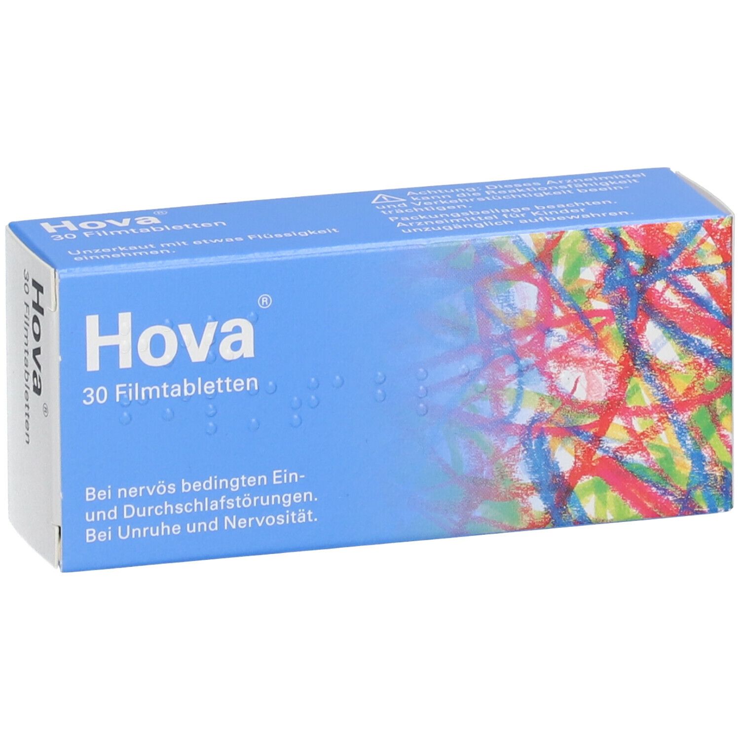 Blaue Schachtel mit "Hova" und "30 Filmtabletten". Bunte, abstrakte Muster. Text in Deutsch.
