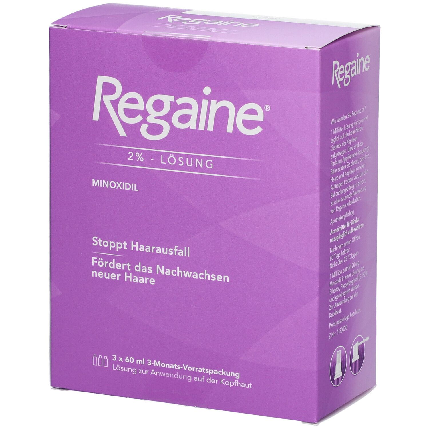 Regaine® 2% Lösung Frauen. Lila Verpackung. Text: Stoppt Haarausfall, fördert das Nachwachsen neuer Haare.