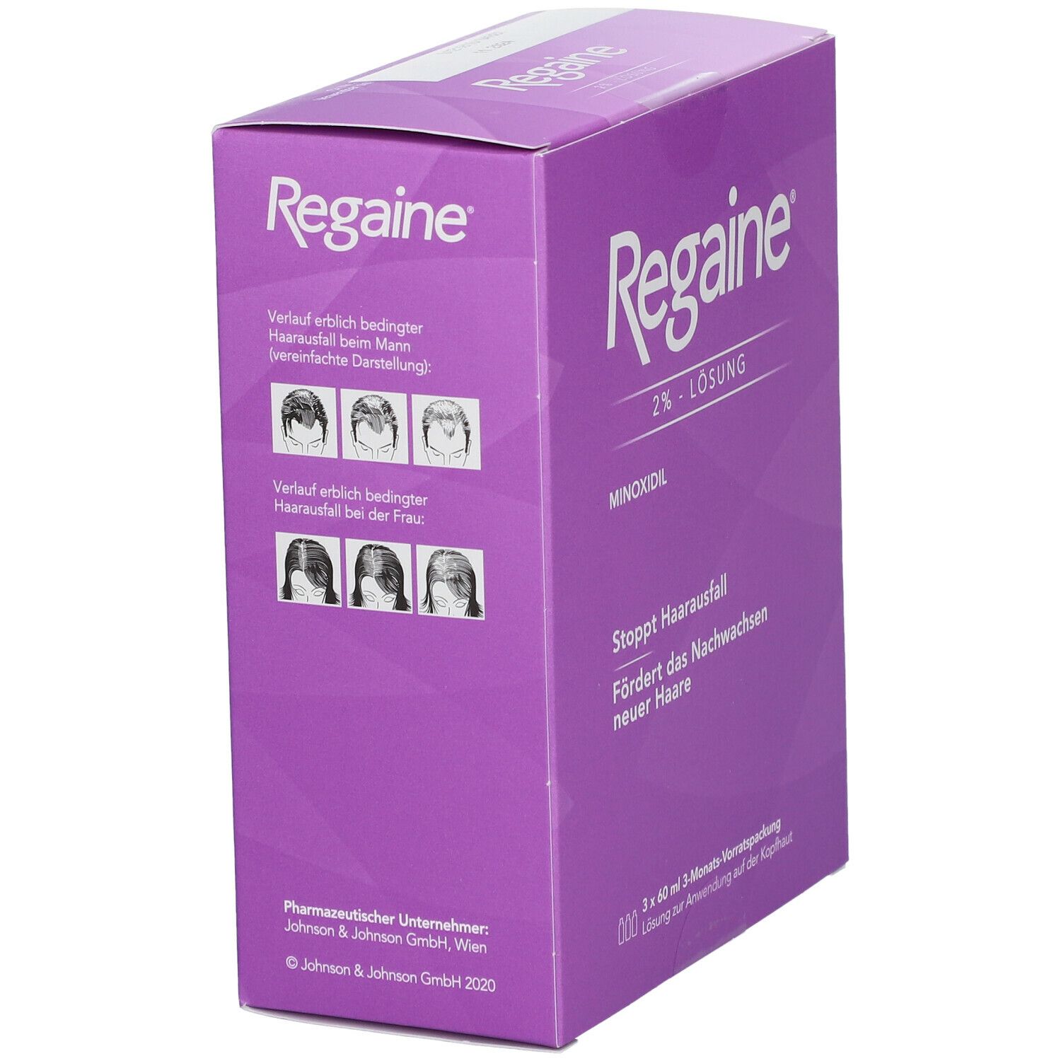Regaine® 2% Lösung Frauen. Lila Verpackung. Rückseite mit Text und Abbildungen.