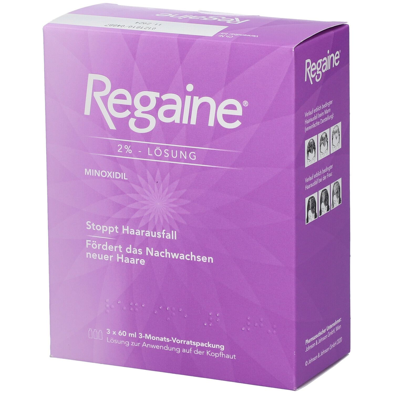 Regaine® 2% Lösung Frauen. Lila Verpackung. Rückseite mit Text und Abbildungen.