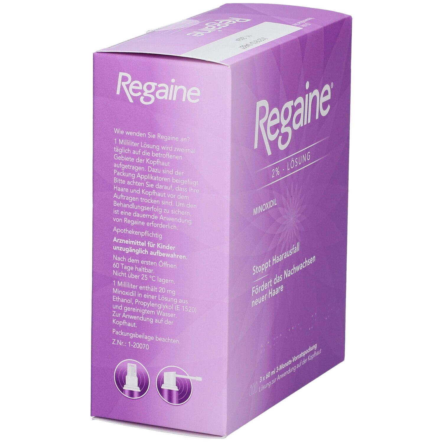 Regaine® 2% Lösung Frauen. Lila Verpackung. Rückseite mit Text und Abbildungen.