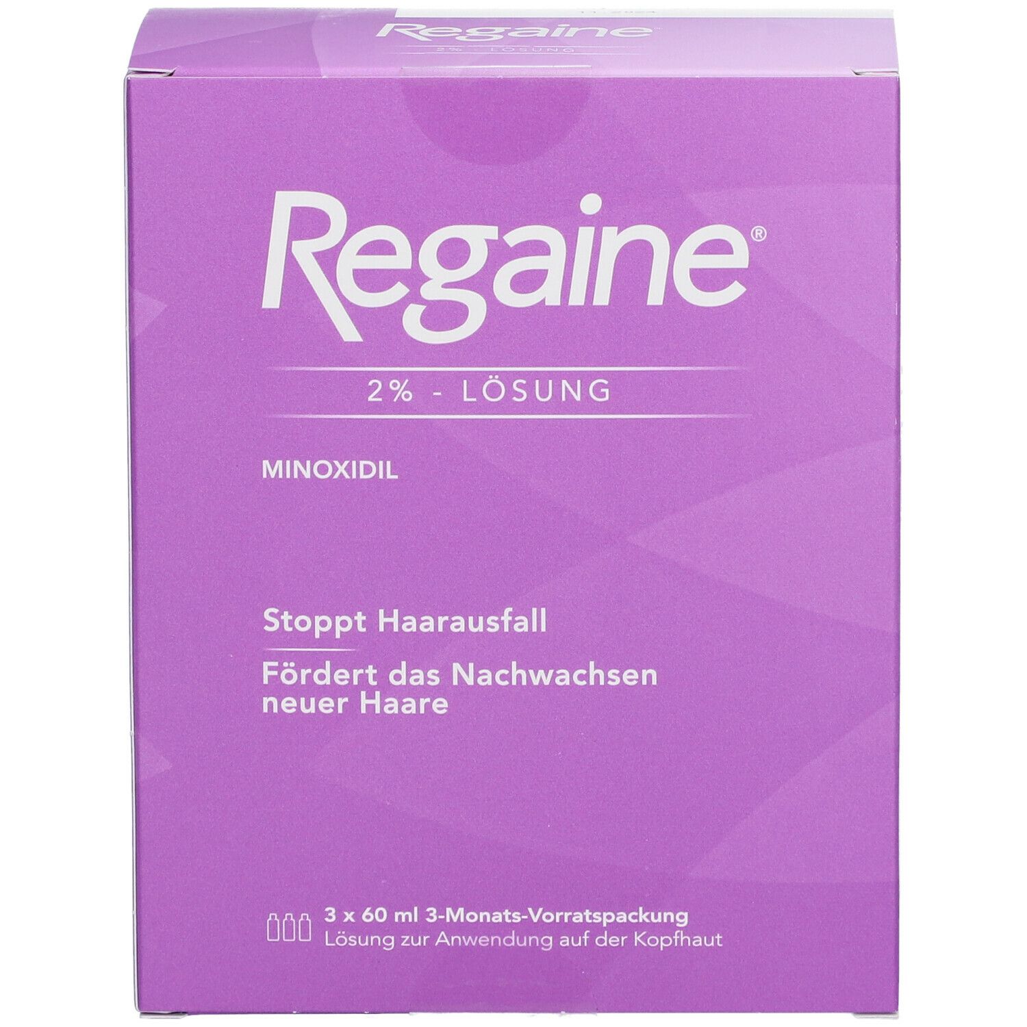 Regaine® 2% Lösung Frauen. Lila Verpackung. Text: Stoppt Haarausfall, fördert das Nachwachsen neuer Haare.