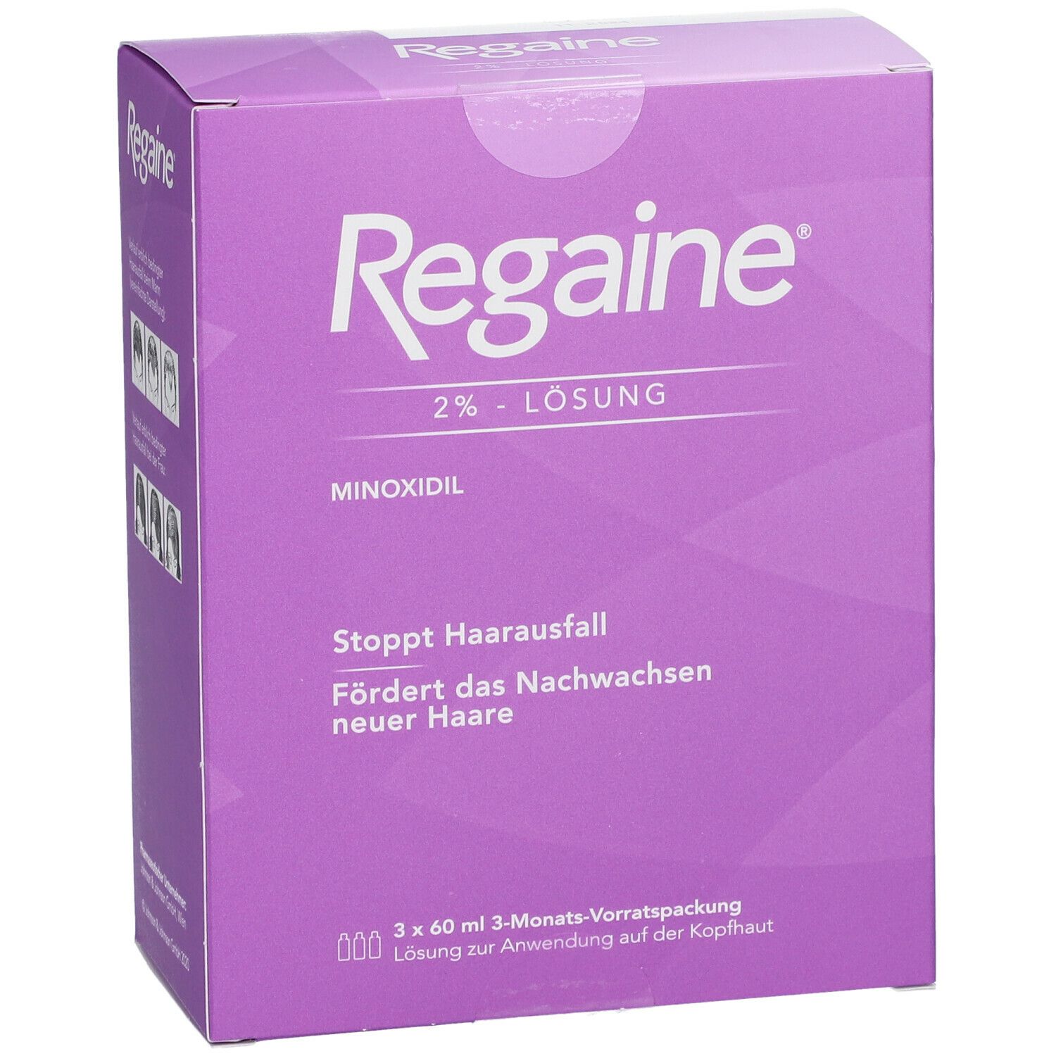 Regaine® 2% Lösung Frauen. Lila Verpackung. Text: Stoppt Haarausfall, fördert das Nachwachsen neuer Haare.