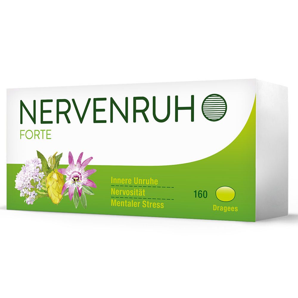 Weiße Schachtel mit "NERVENRUH FORTE"-Logo, floralen Illustrationen und Text. 160 Dragees.