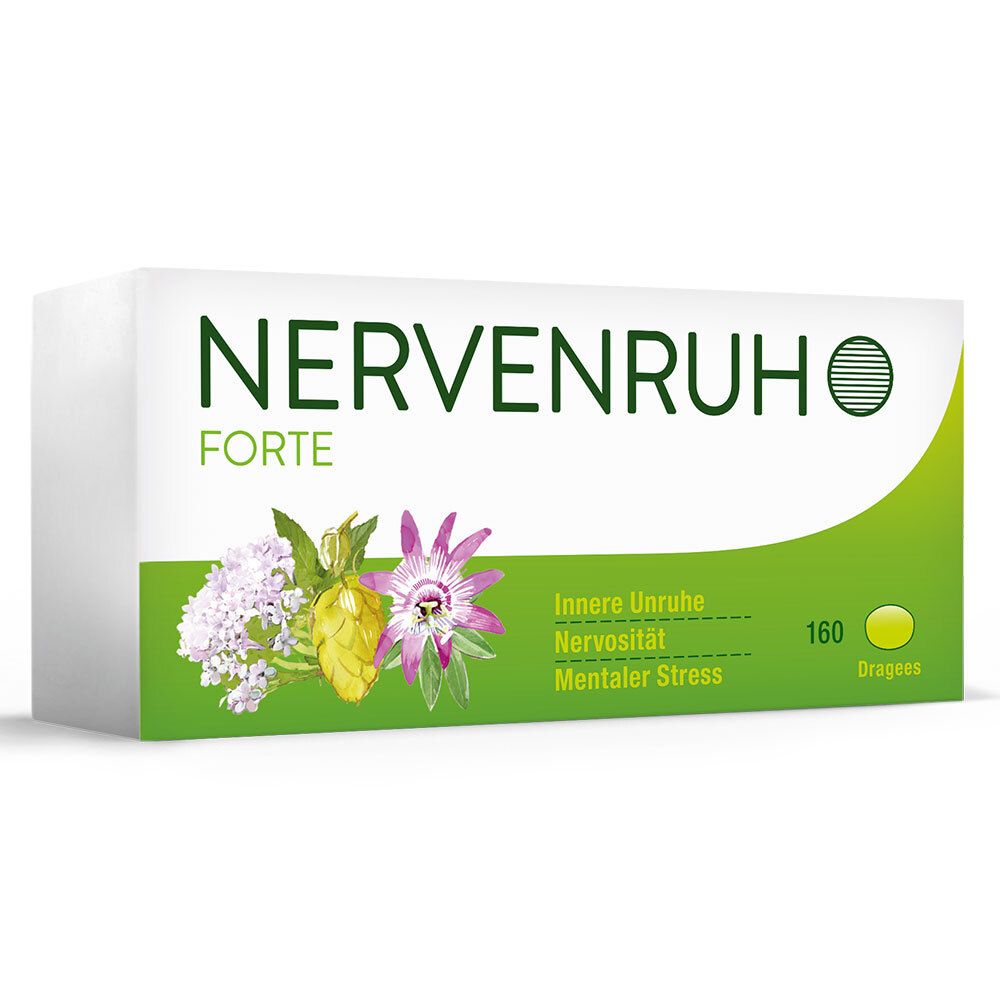 Weiße Schachtel mit "NERVENRUH FORTE"-Logo, floralen Illustrationen und Text. 160 Dragees.