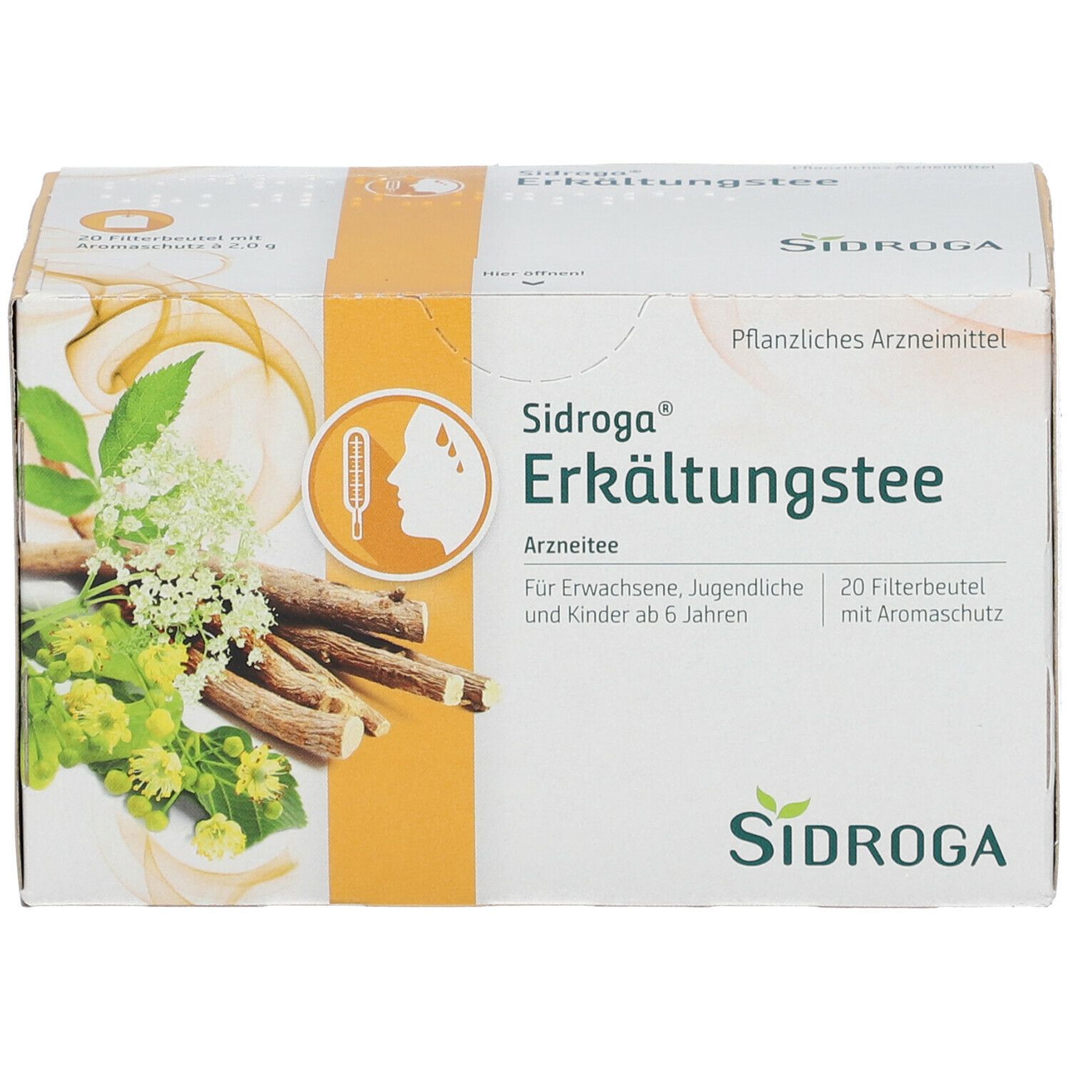 Sidroga Erkältungstee-Packung. Aufdruck: Pflanzliches Arzneimittel, 20 Filterbeutel. Illustration: Kräuter, Fieberthermometer.
