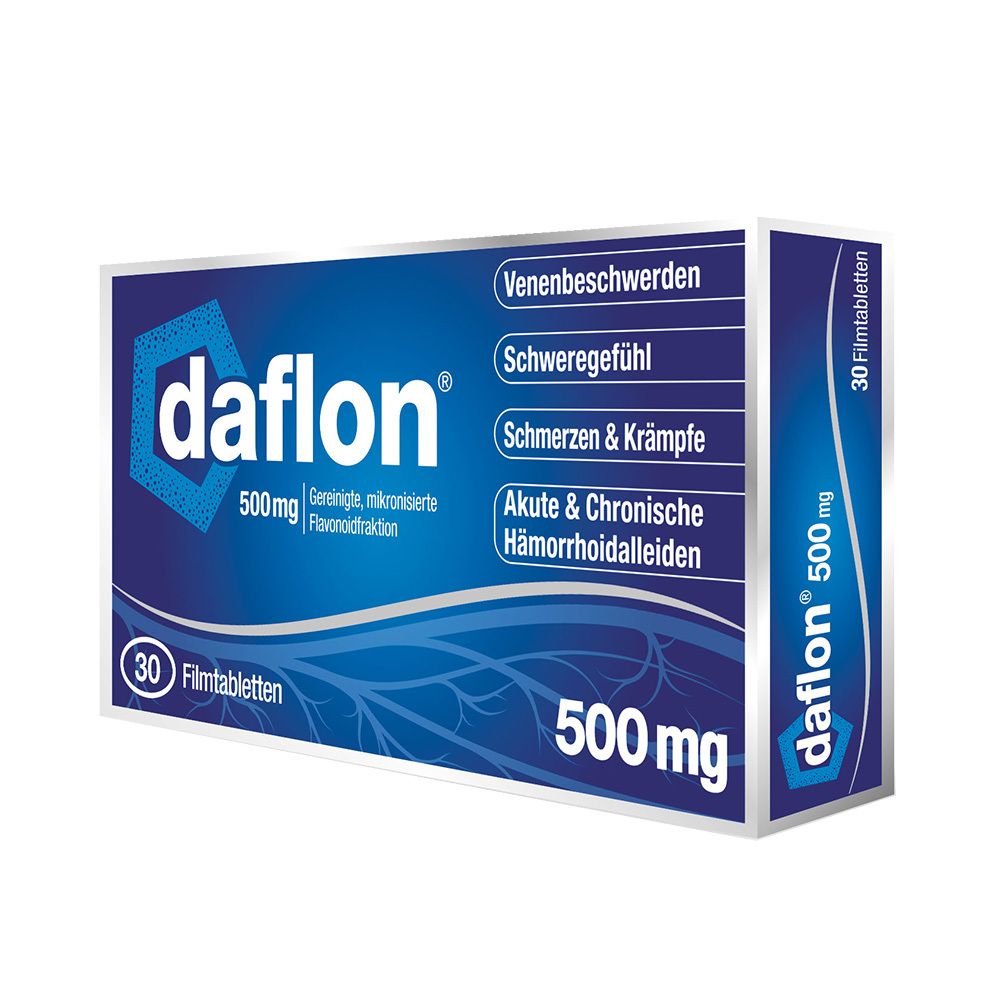 Blisterpackung mit Daflon 500 mg Filmtabletten. Blaue Verpackung mit Produktnamen, Dosierung und Anwendungsgebieten.