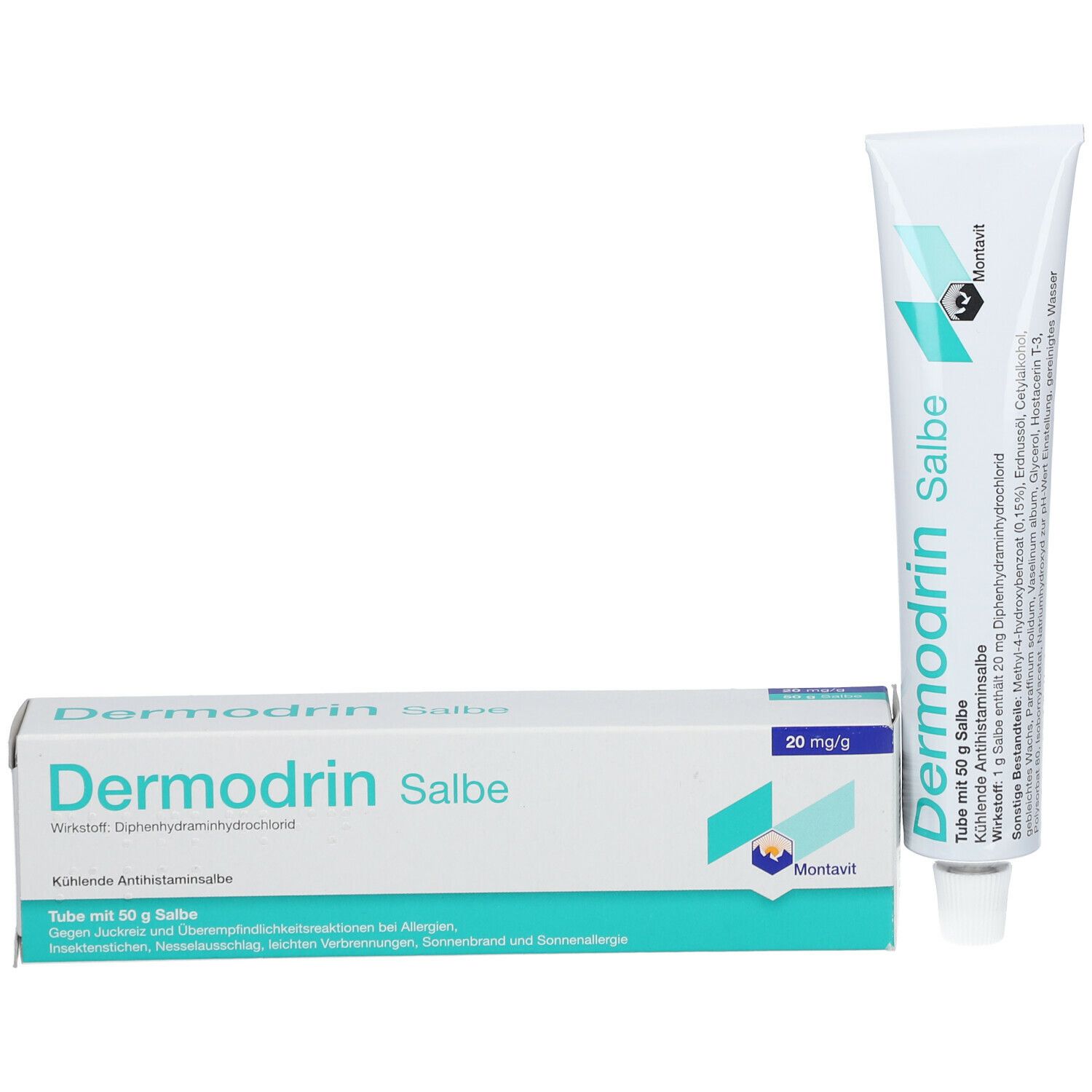 Produktpackung mit Tube und Schachtel. Beide mit "Dermodrin Salbe" beschriftet. Schachtel mit Herstellerlogo.