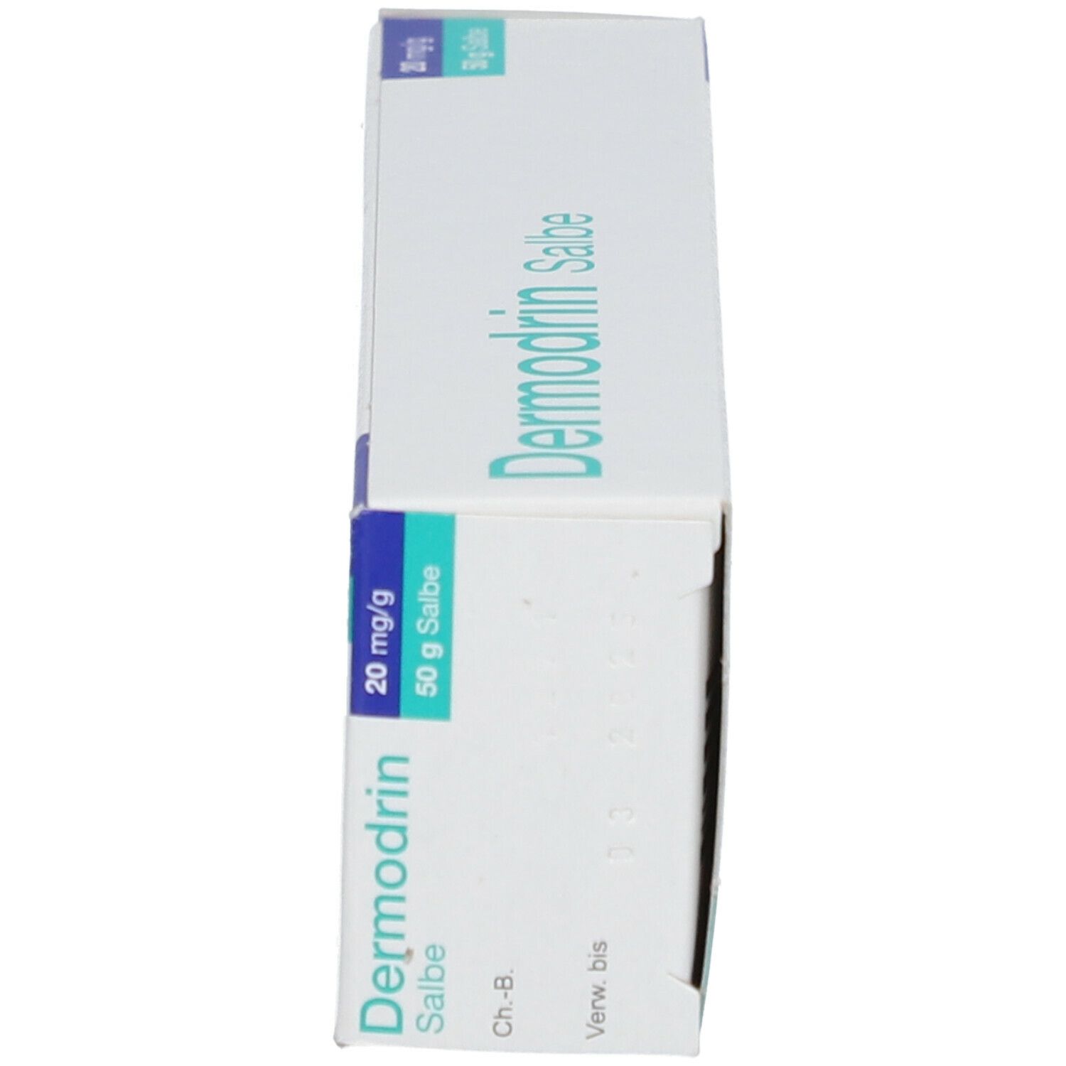 Seitenansicht einer weißen Schachtel mit "Dermodrin Salbe"-Aufdruck. Enthält 20 mg/g Salbe und 50 g Salbe.